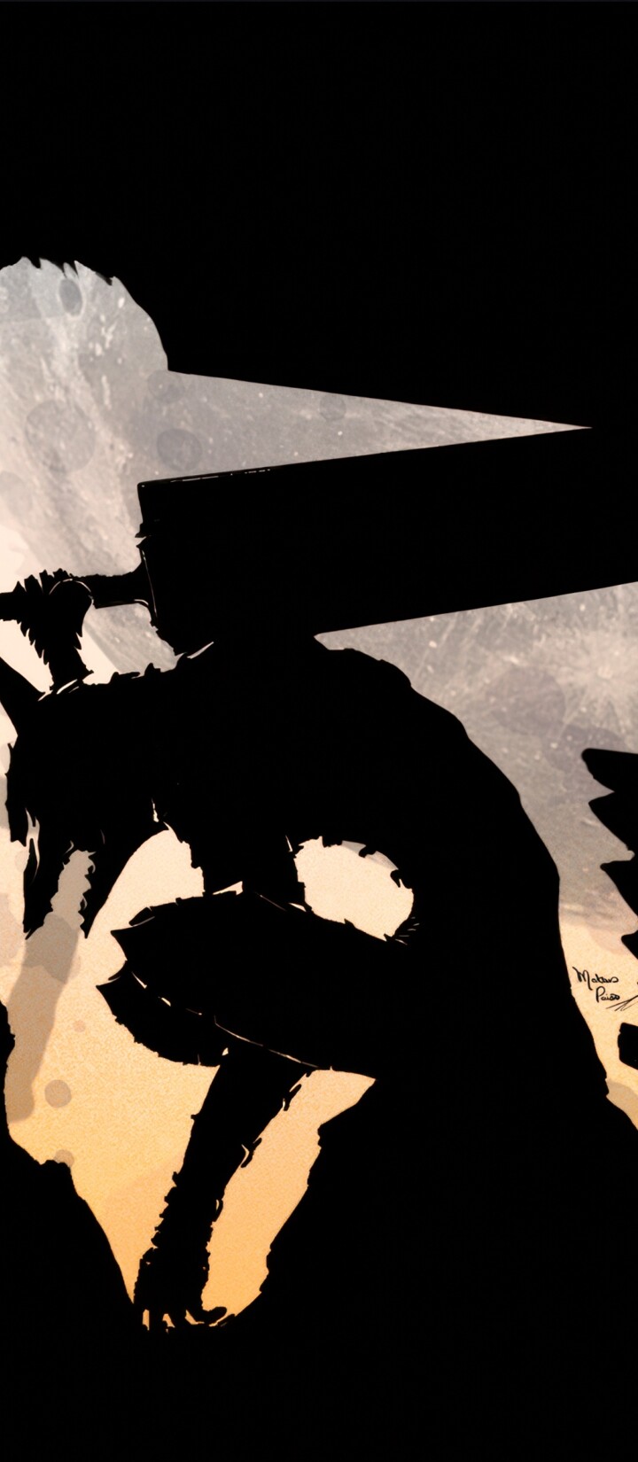 A minimalist silhouette of Guts from Berserk holding the massive Dragon Slayer sword against a solid black background.