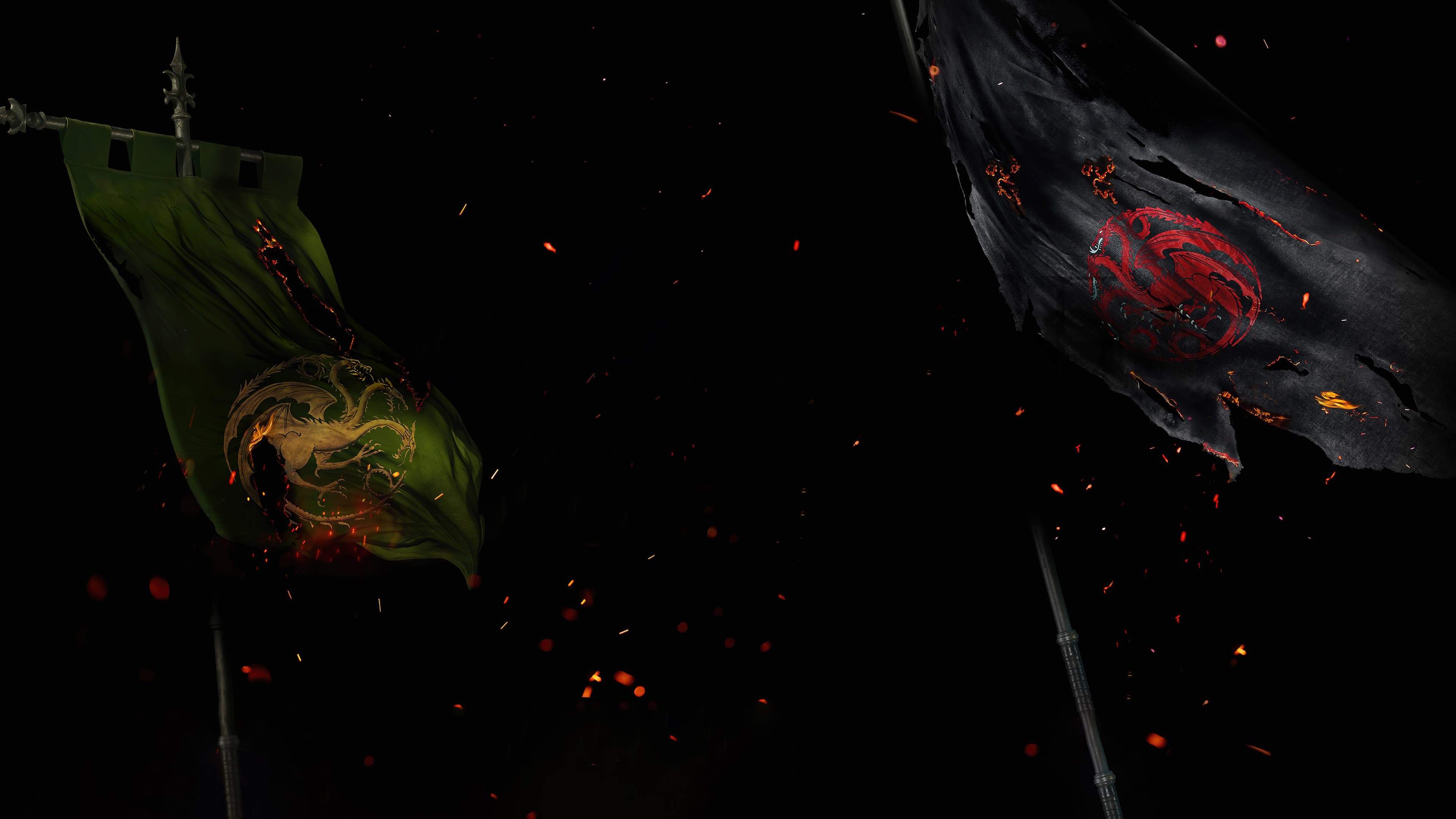 The burning three-headed dragon sigil of House Targaryen from House of the Dragon against a black background.