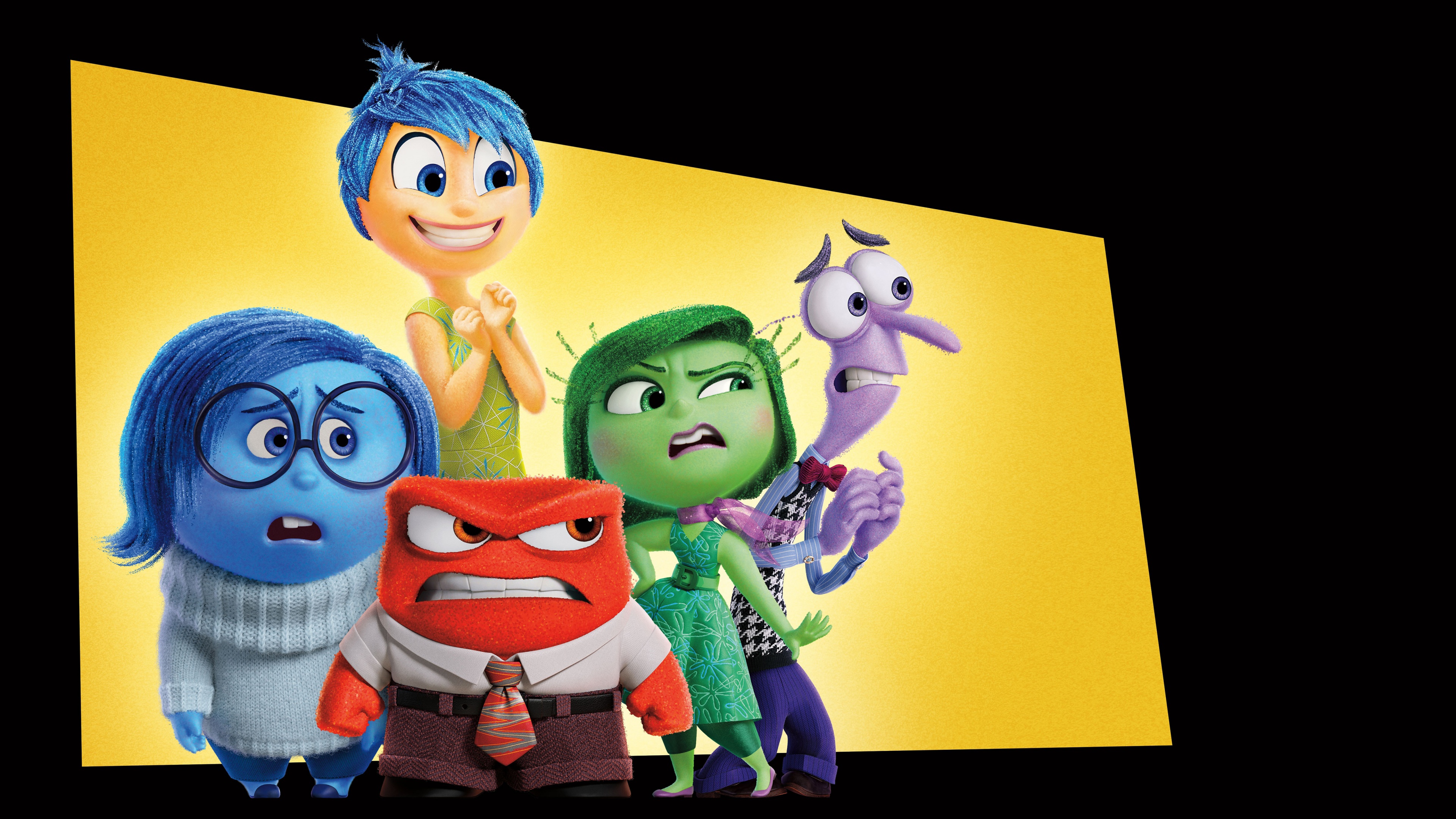 The main characters Joy, Sadness, Anger, Fear, and Disgust from Pixar's Inside Out 2 displayed against a black background.