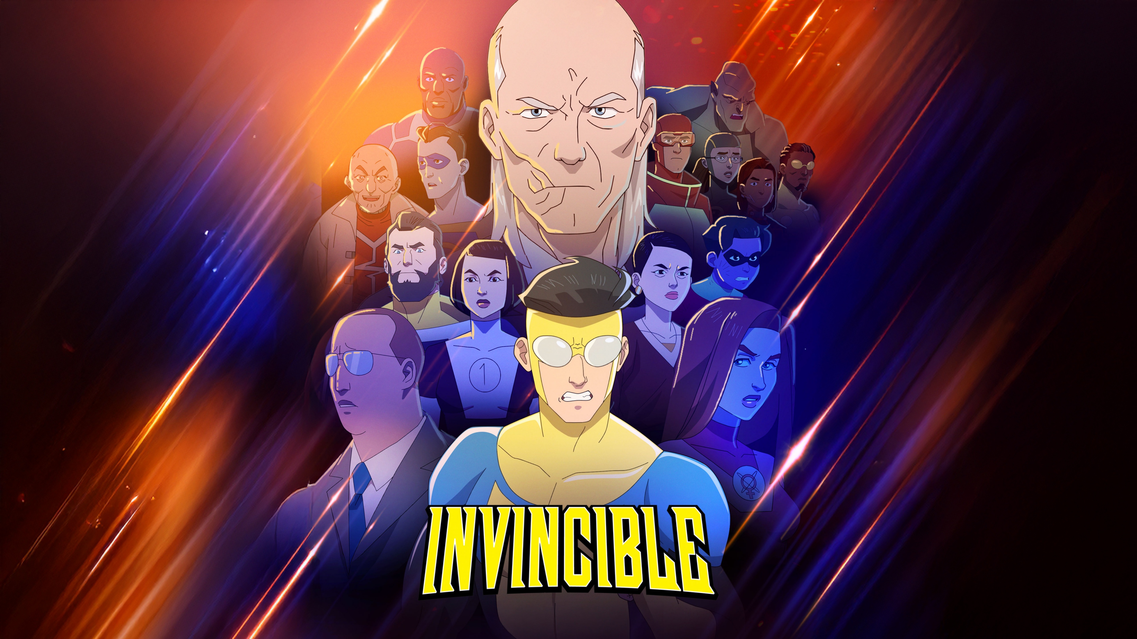 Cinematic 5K poster of Mark Grayson as Invincible from the Invincible animated series.