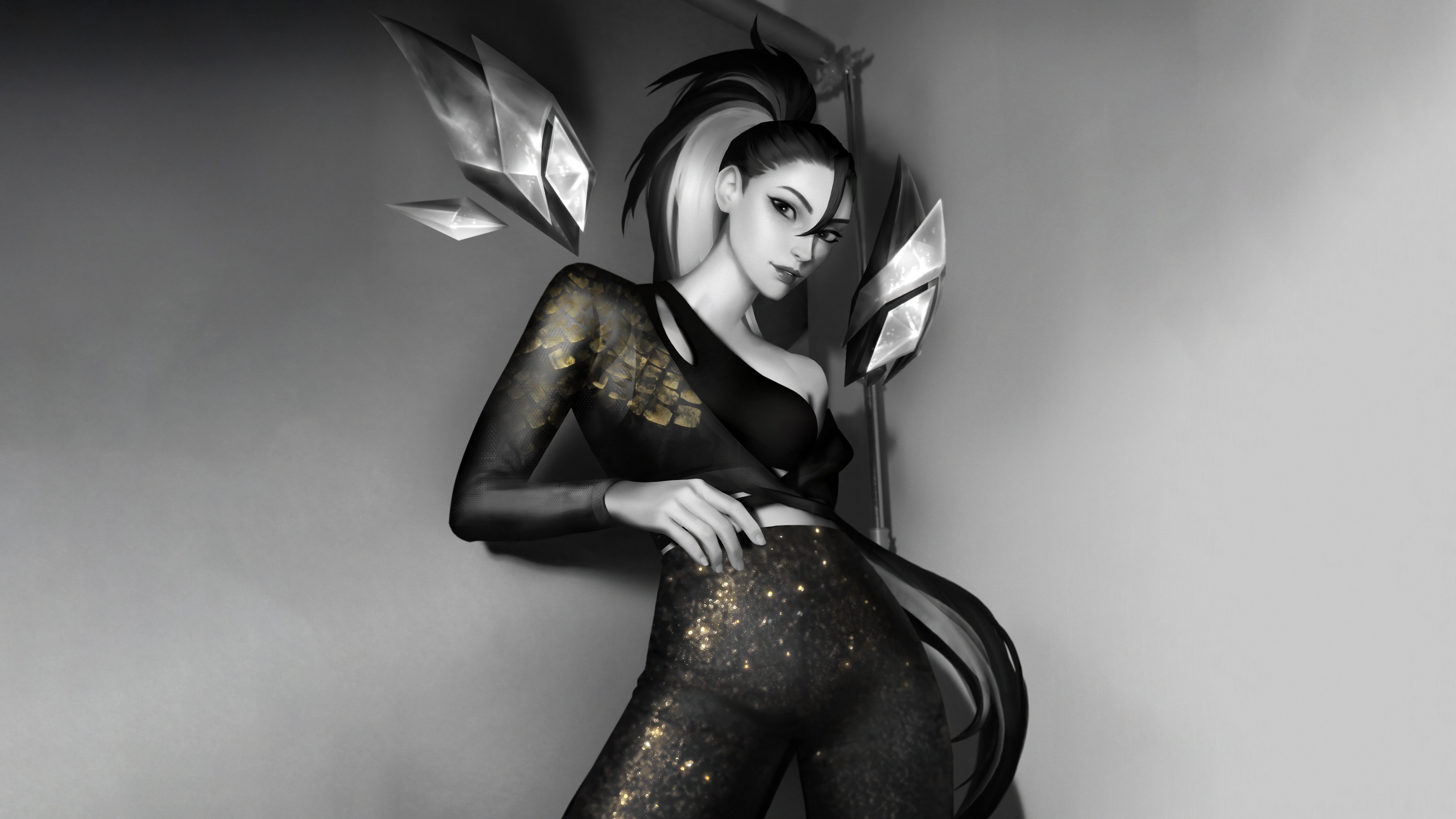 A high-resolution monochrome portrait of Kai'Sa from the K/DA skin line in League of Legends.