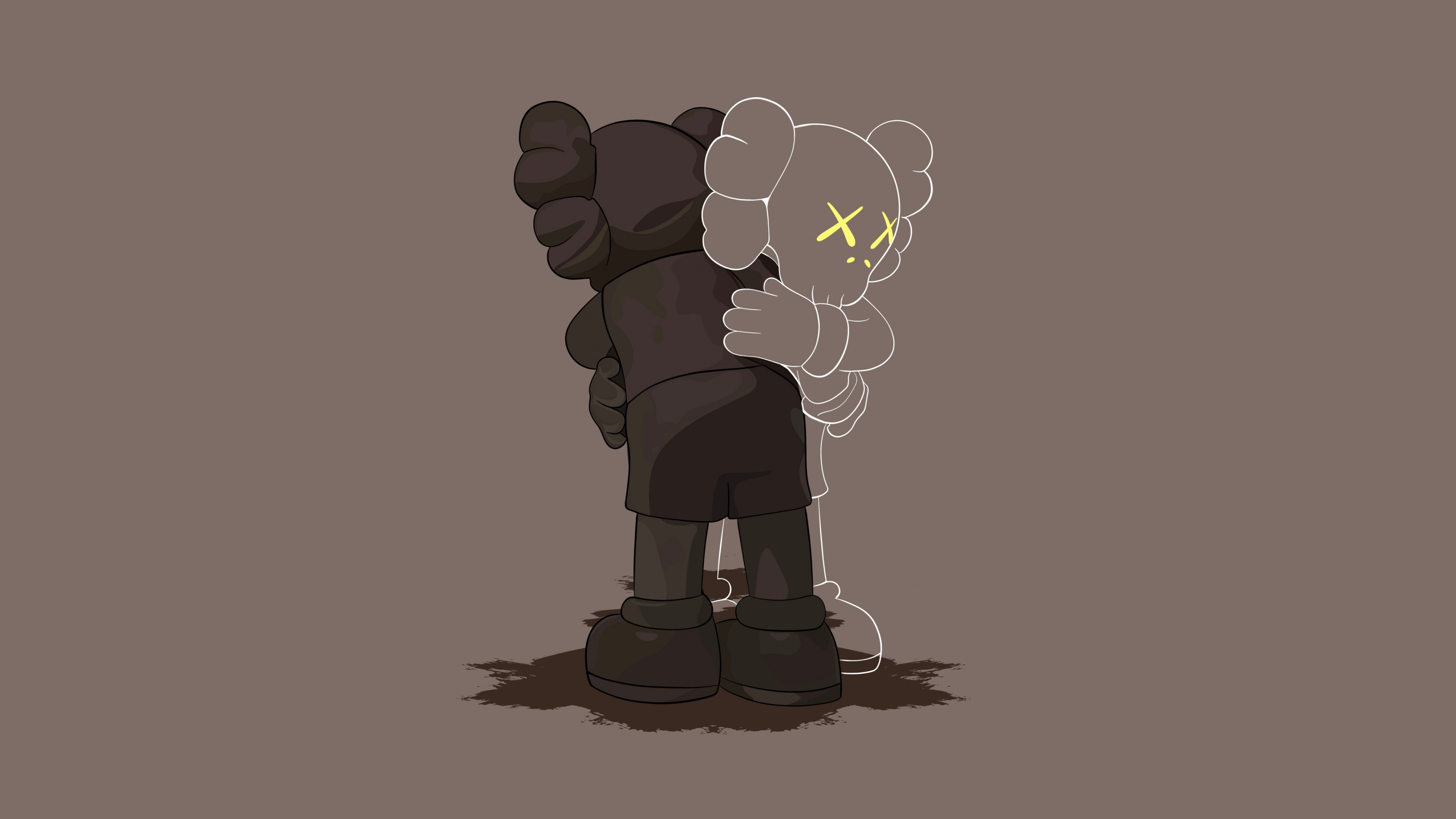 A minimalist KAWS Companion vinyl figure in a hugging pose against a neutral grey background.
