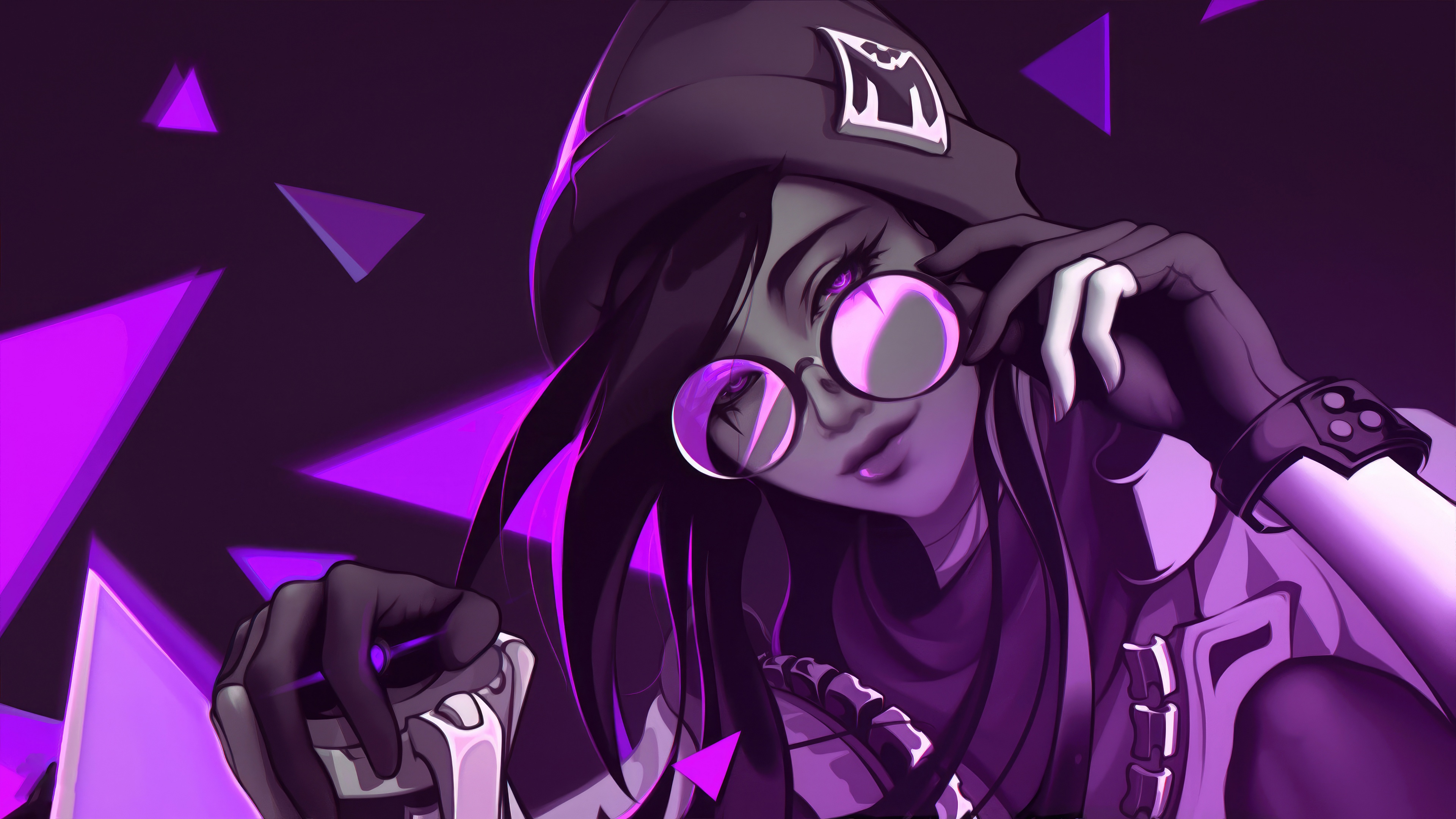 A detailed 5K render of Killjoy from Valorant set against a purple aesthetic background.