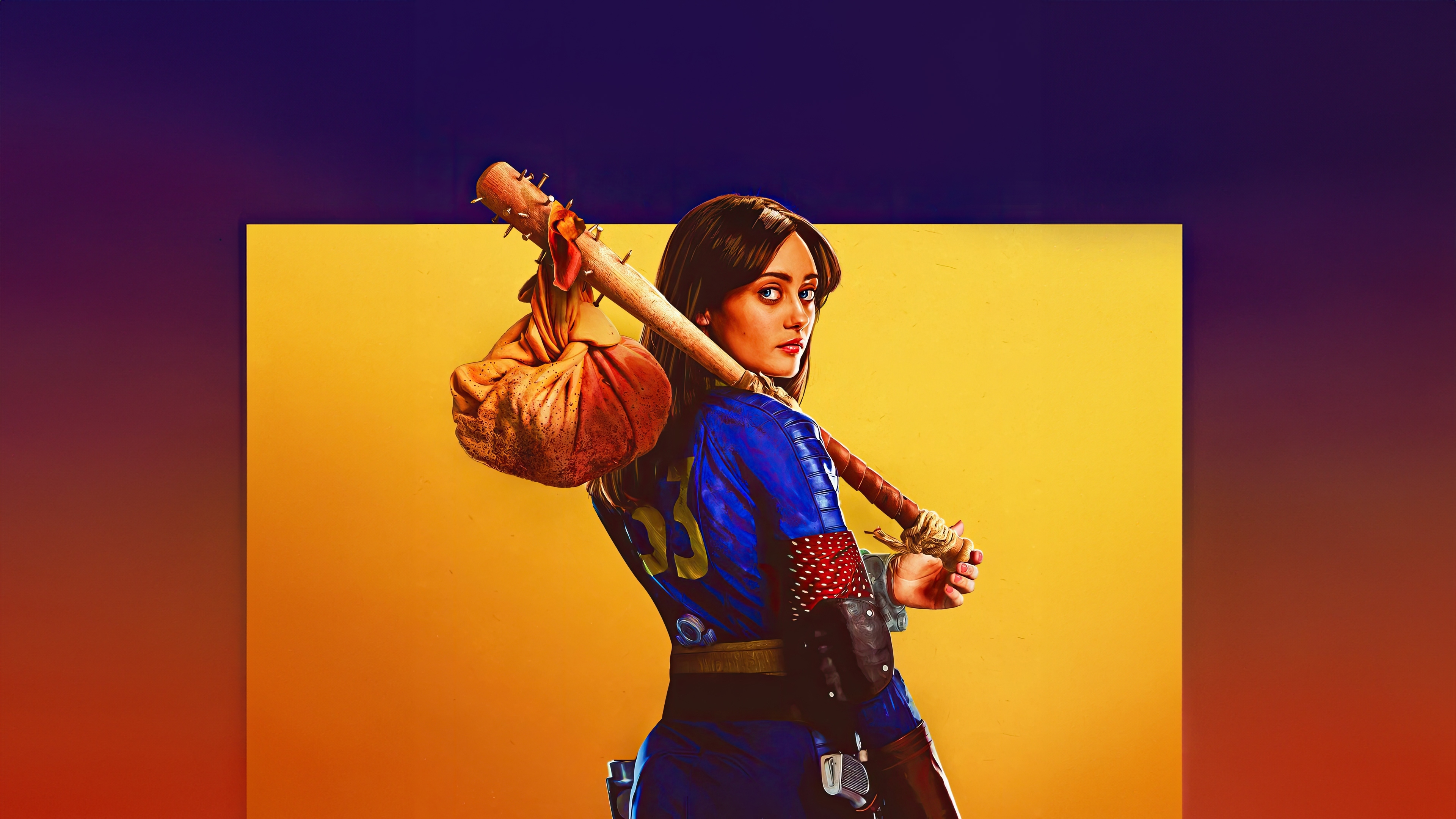 Portrait of Lucy MacLean wearing her signature blue and yellow Vault suit from the Fallout TV series.