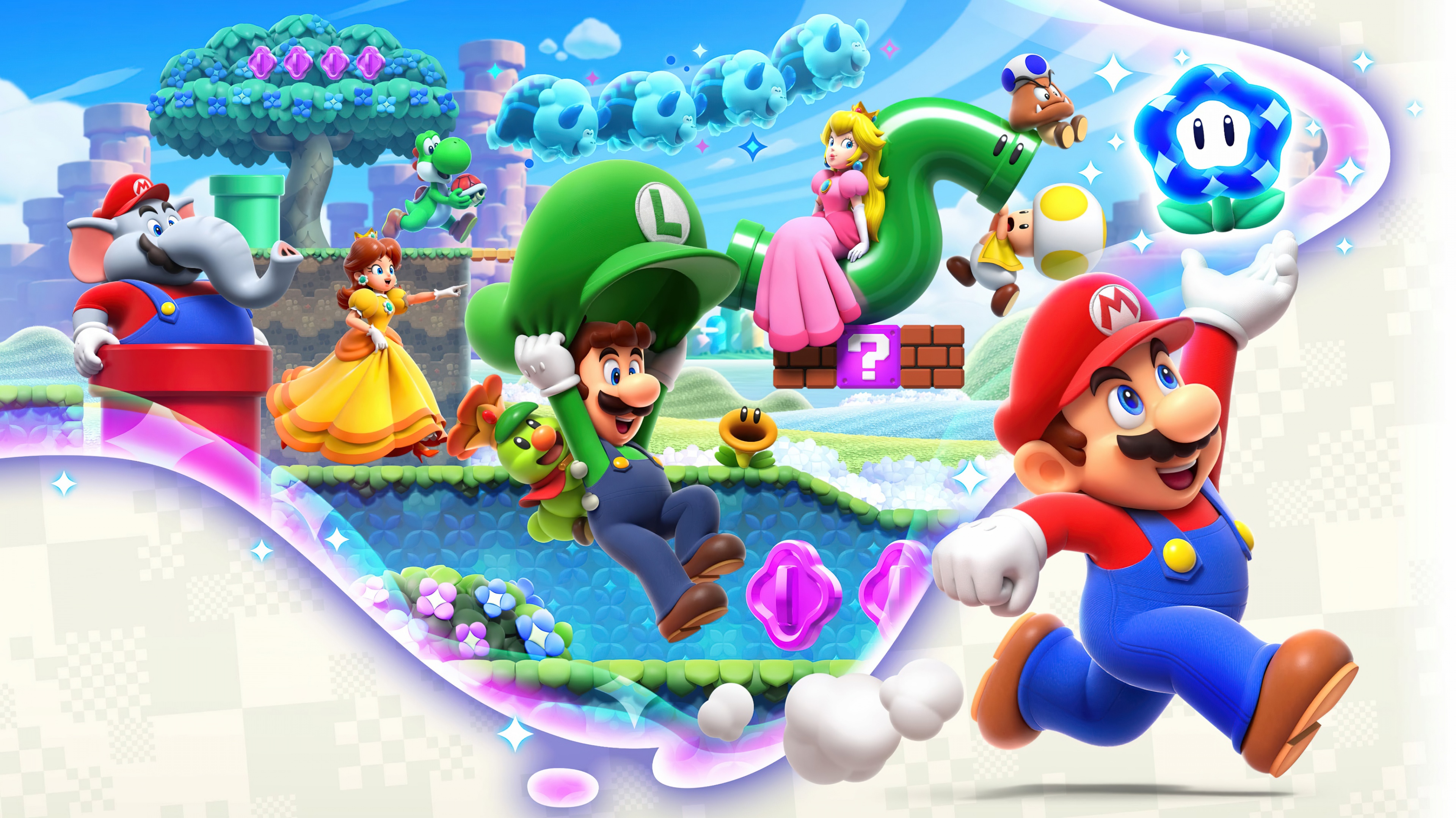 Mario from Super Mario Bros. Wonder in a lush, colorful environment.