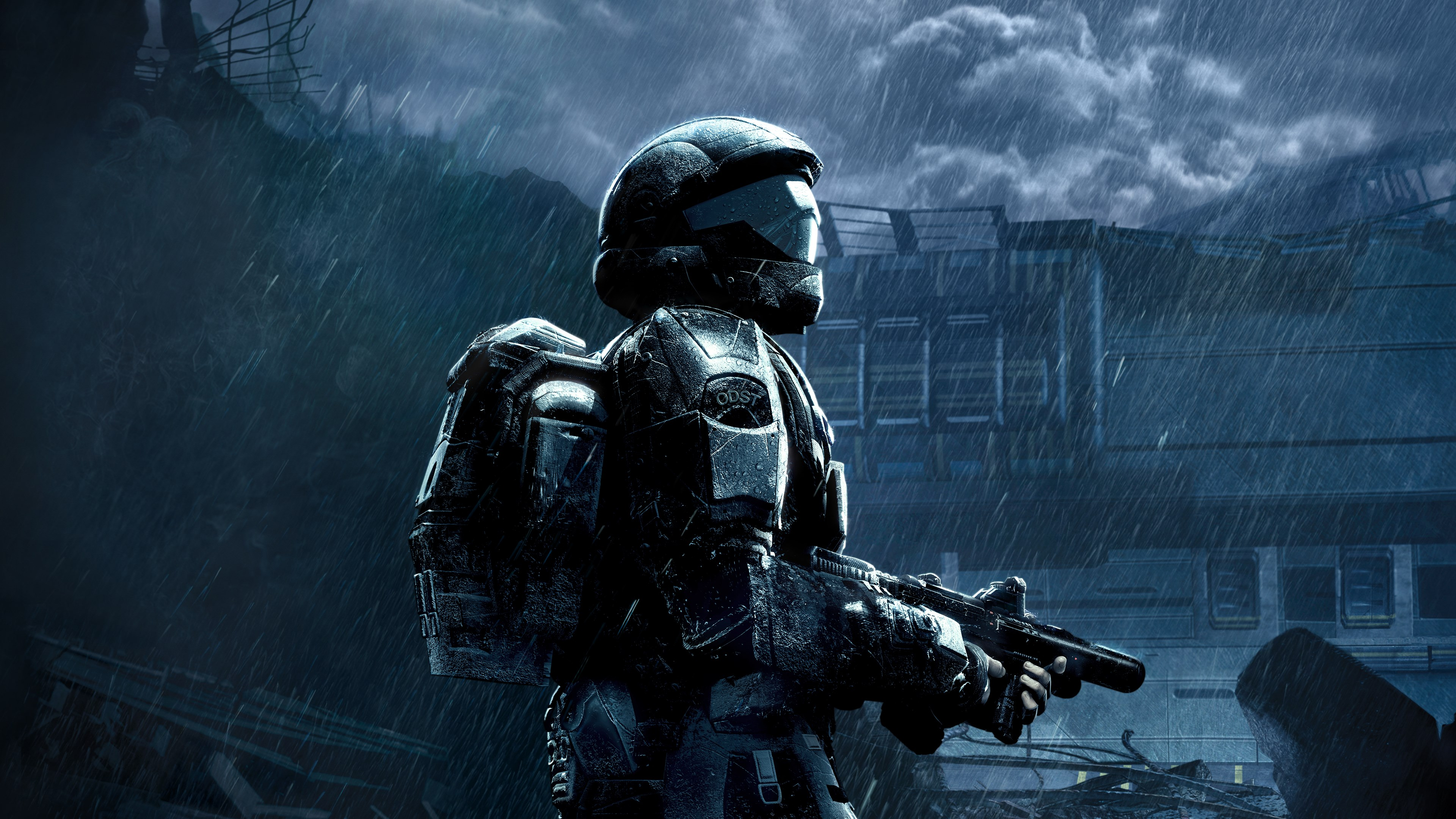 Master Chief wearing his signature green MJOLNIR armor in a cinematic video game art style from the Halo series.