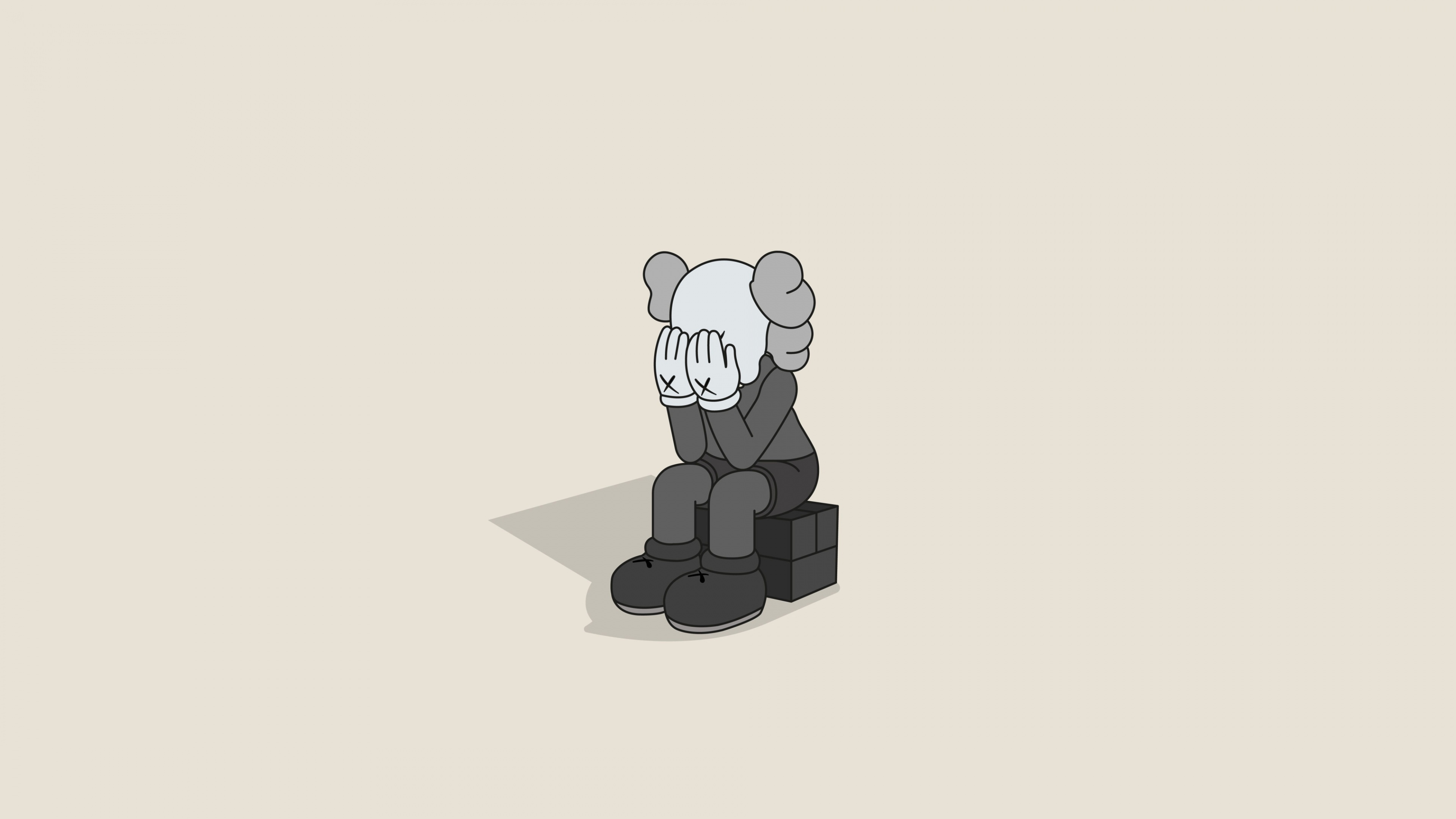 A minimalist illustration of the KAWS Companion character looking sad and alone.