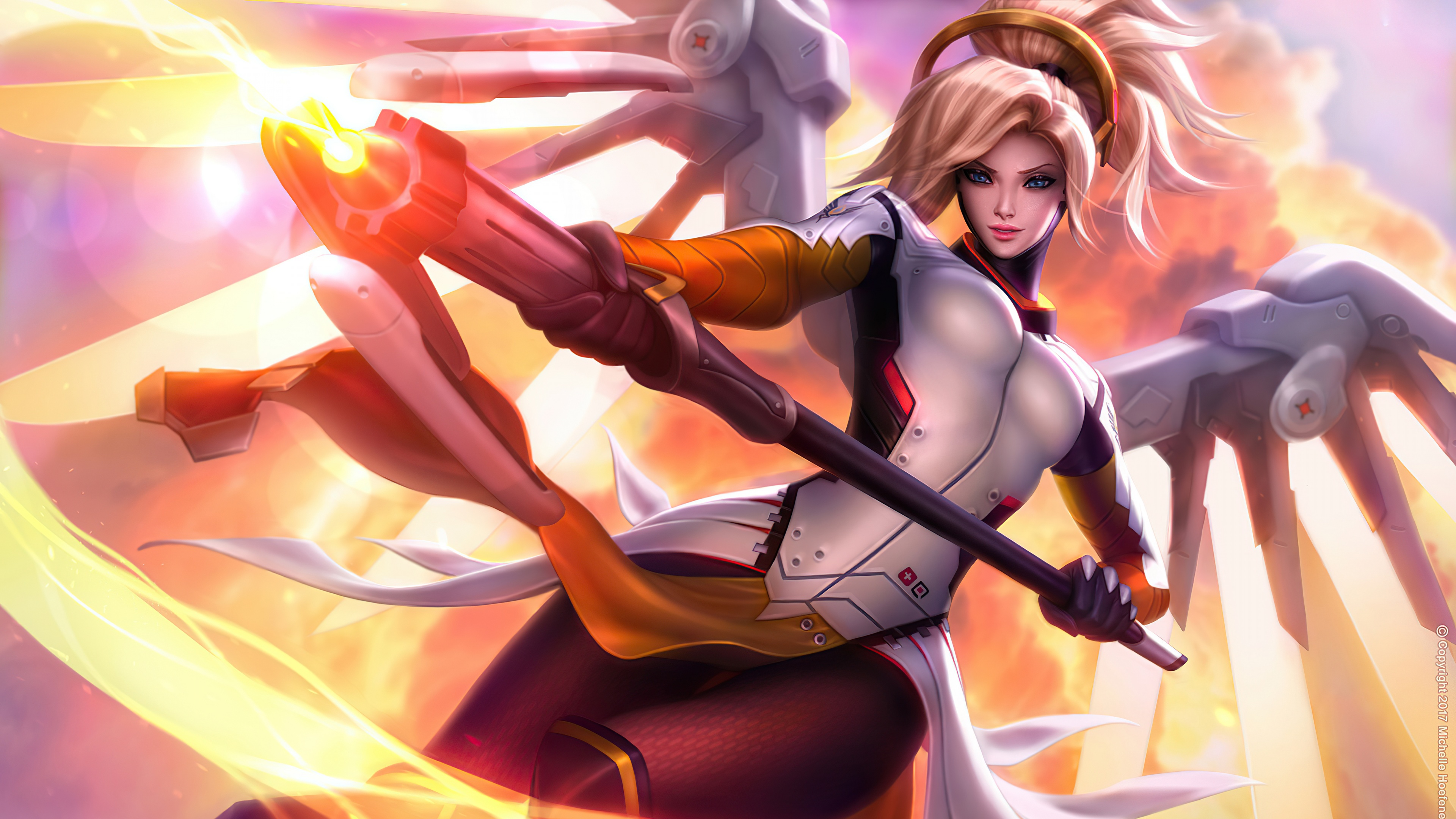 A detailed portrait of Mercy from Overwatch featuring her golden wings and medic gear.