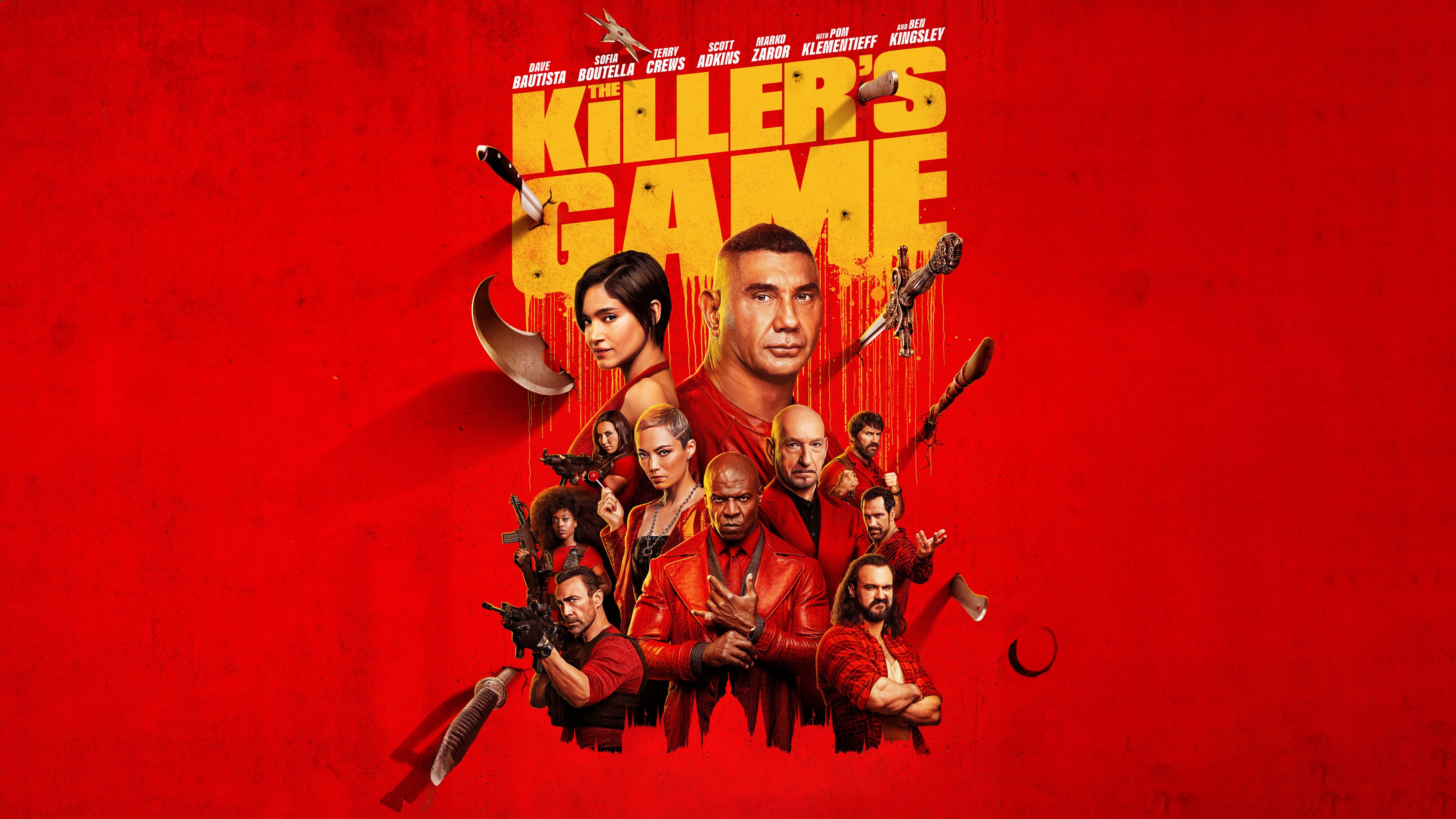 Dave Bautista as Miles Callaghan from The Killer's Game against a vivid red background.
