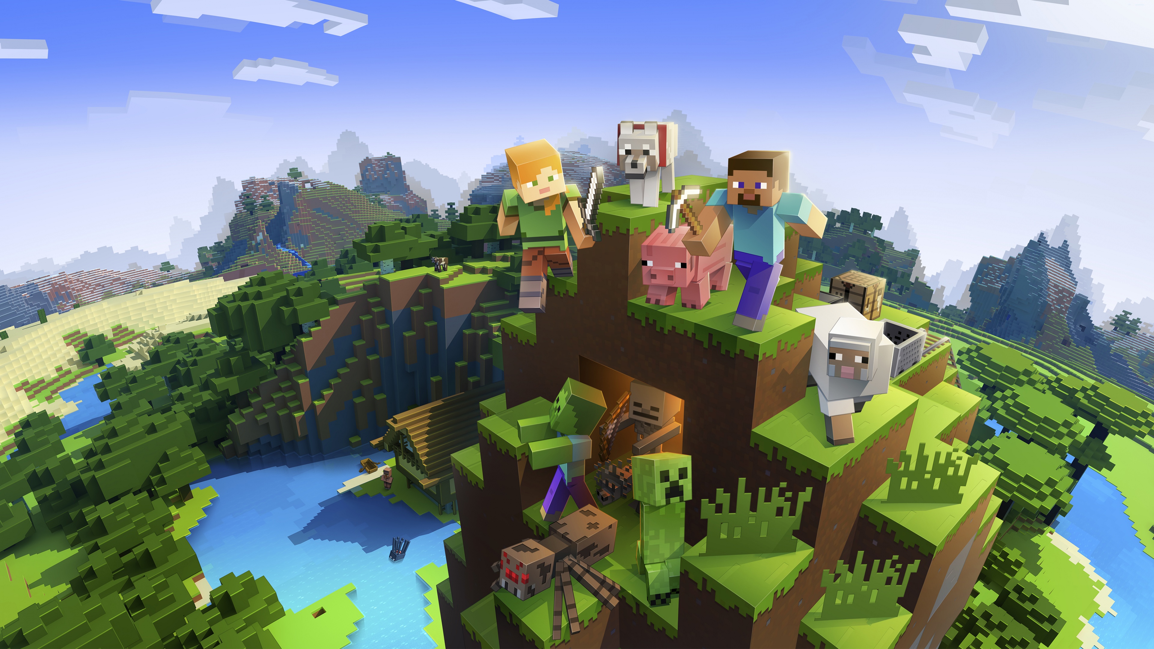 Pixel art scene from Minecraft featuring Steve, Alex, a wolf, and a Zombie Pigman.