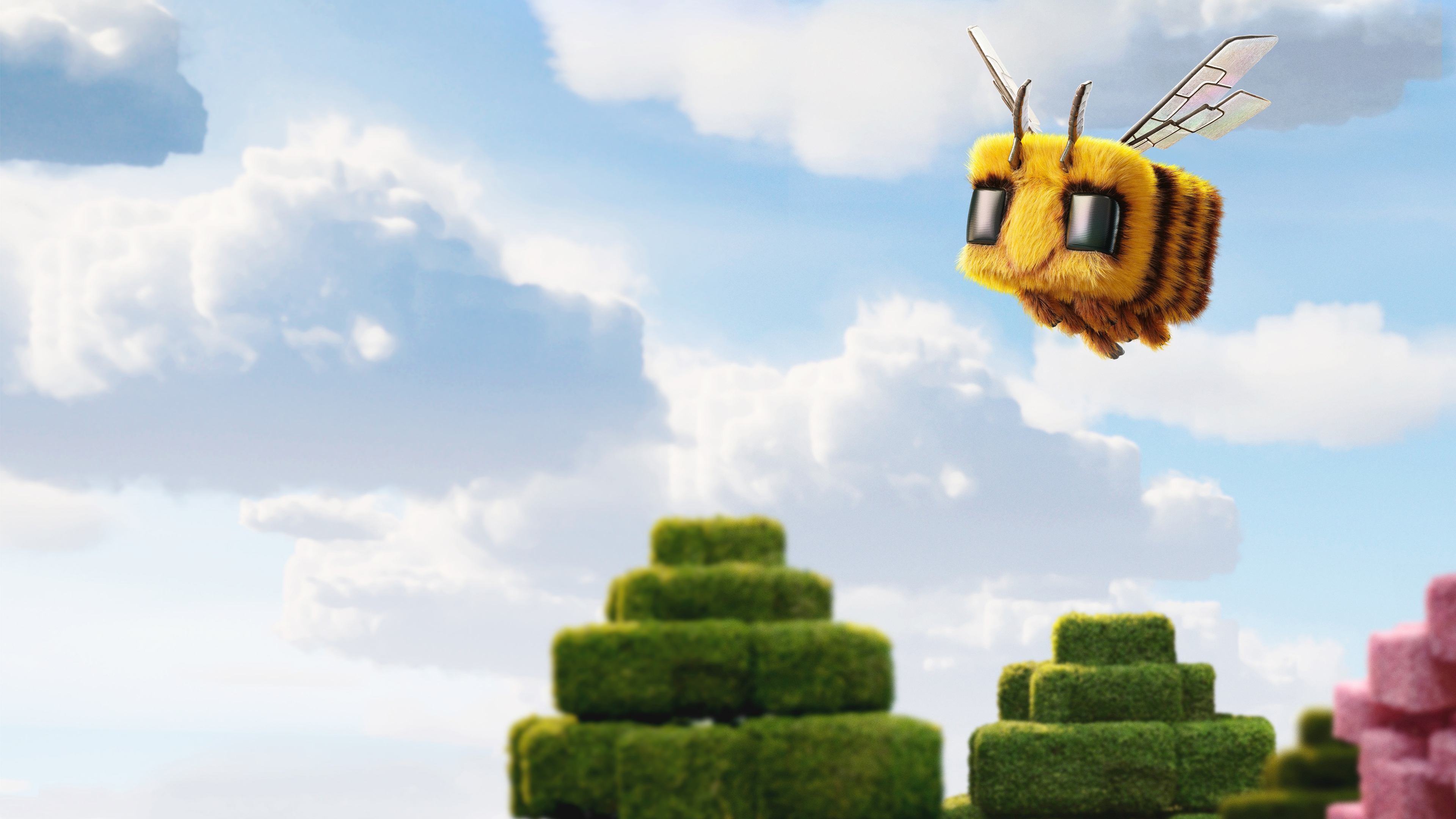 A highly detailed Minecraft Bee from the 2025 film A Minecraft Movie, set in a lush voxel environment.