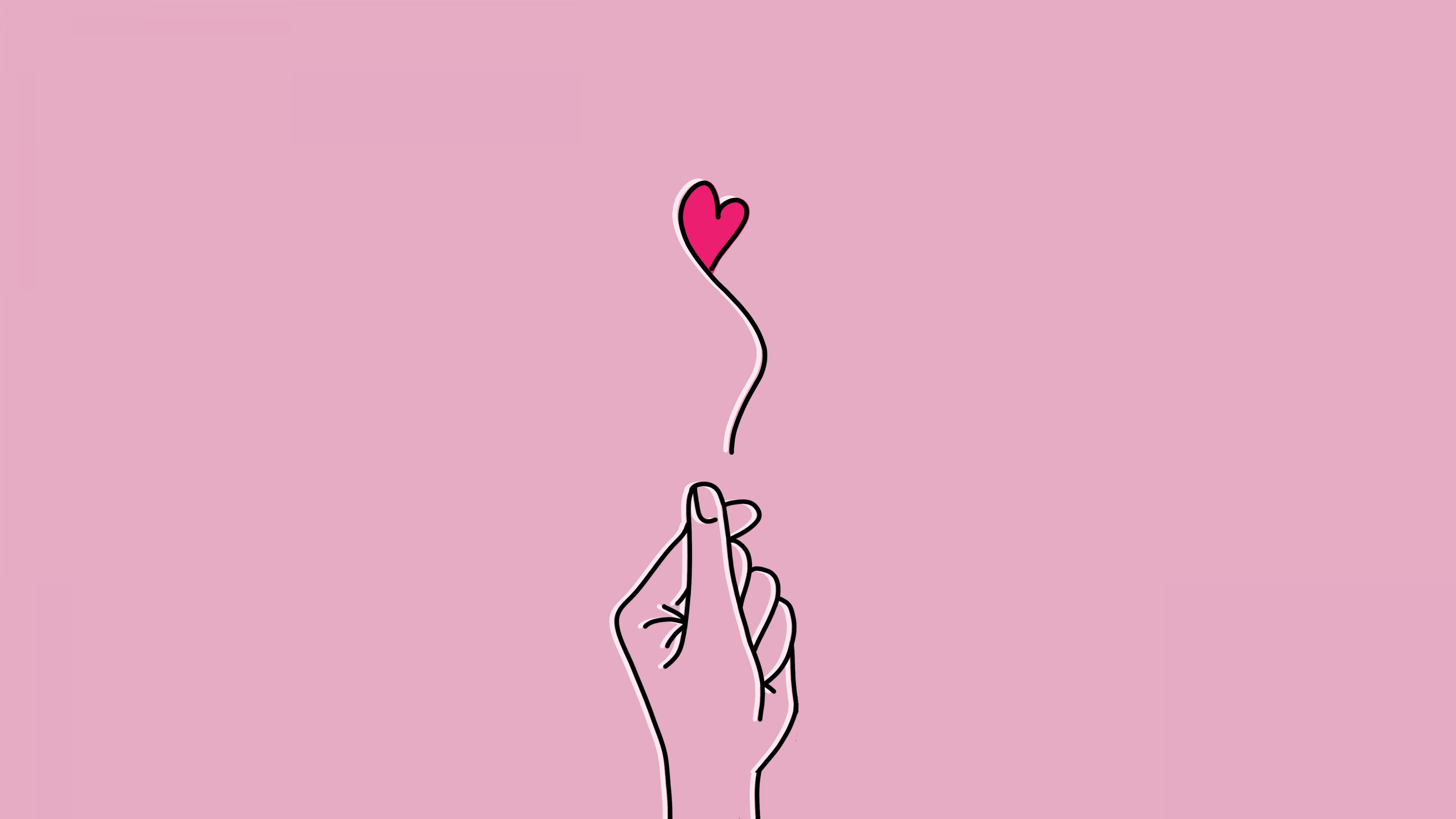 A close-up of a hand making a finger heart gesture against a solid, soft pink minimalist background.