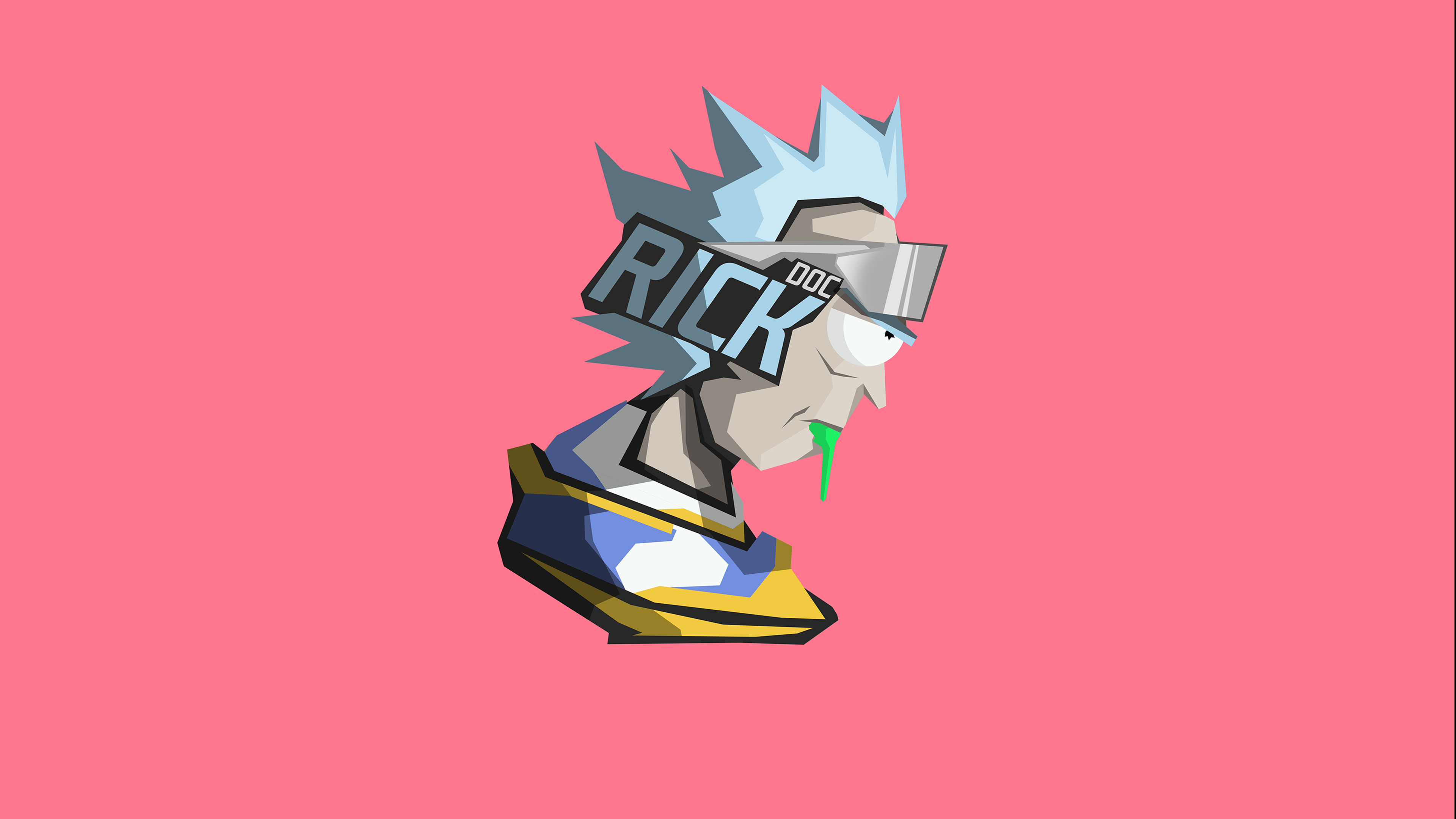 A minimalist illustration of Rick Sanchez from Rick and Morty on a solid pink background.