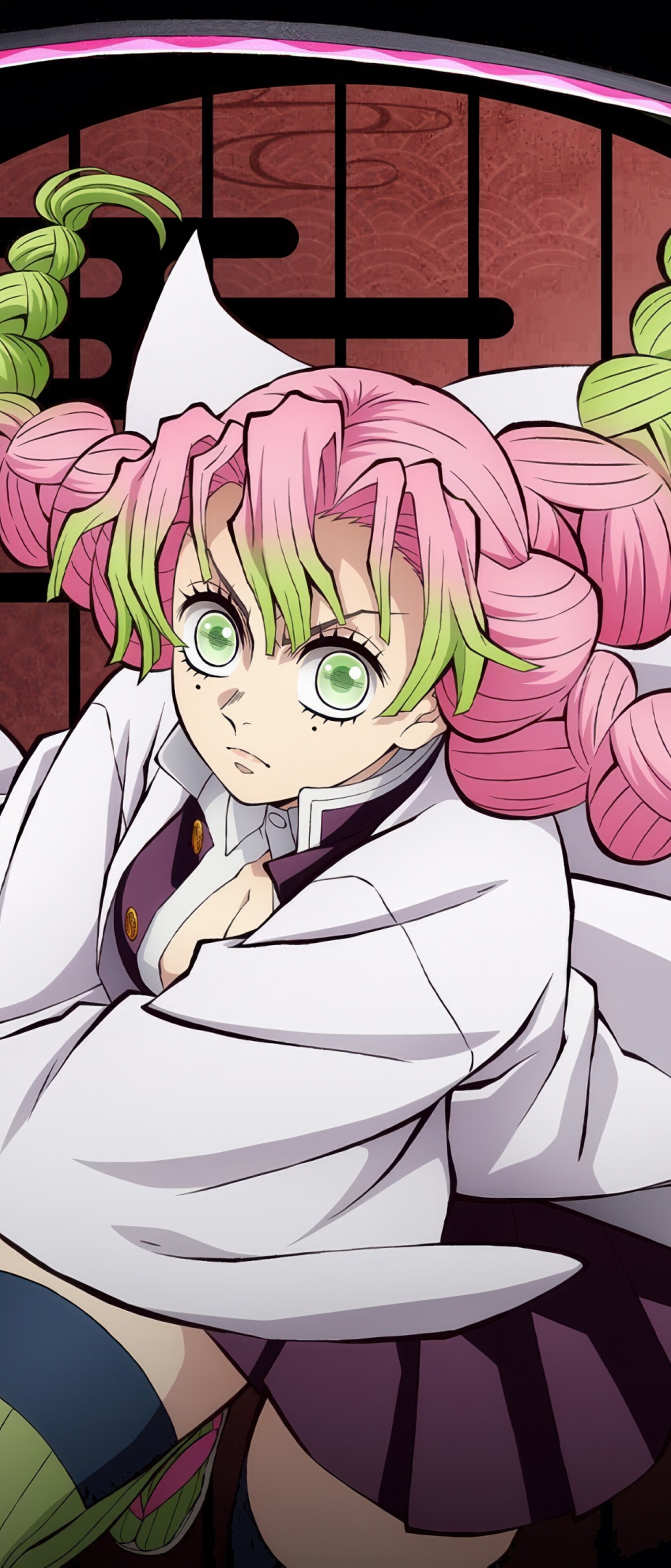 A cinematic anime portrait of Mitsuri Kanroji from Demon Slayer: Kimetsu No Yaiba against a black background