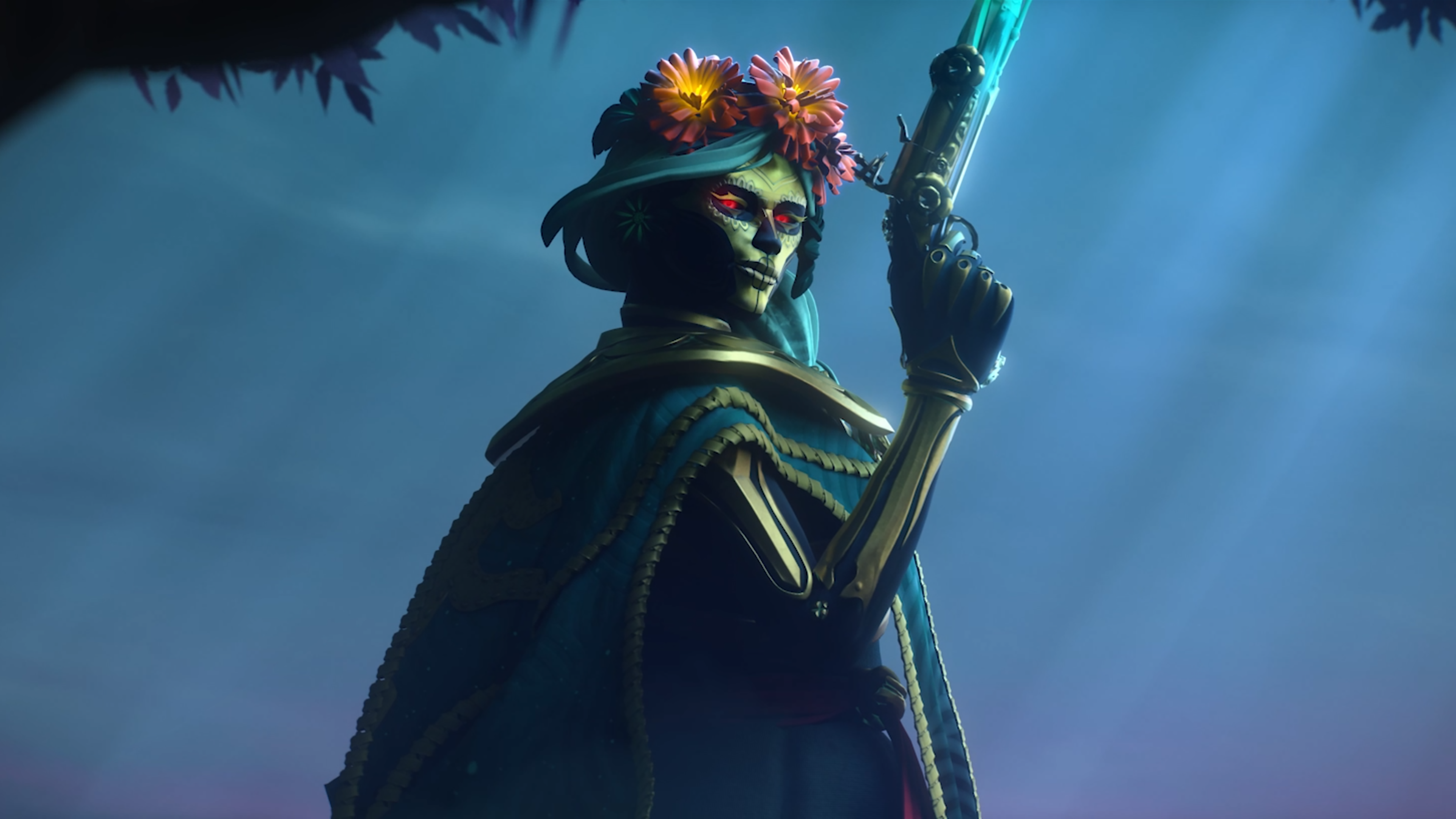 A dramatic and dark-themed portrayal of the Dota 2 character Muerta.
