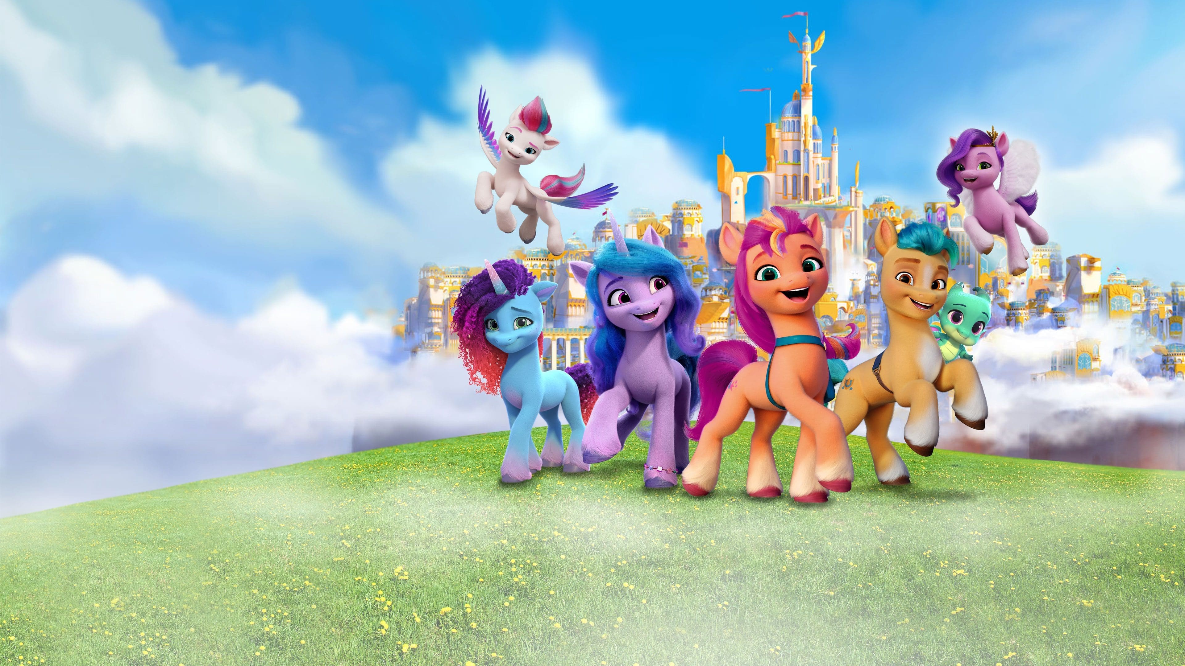 Dynamic video game key art featuring the Mane Six characters Twilight Sparkle, Rainbow Dash, Pinkie Pie, Applejack, Rarity, and Fluttershy from My Little Pony: Friendship is Magic.