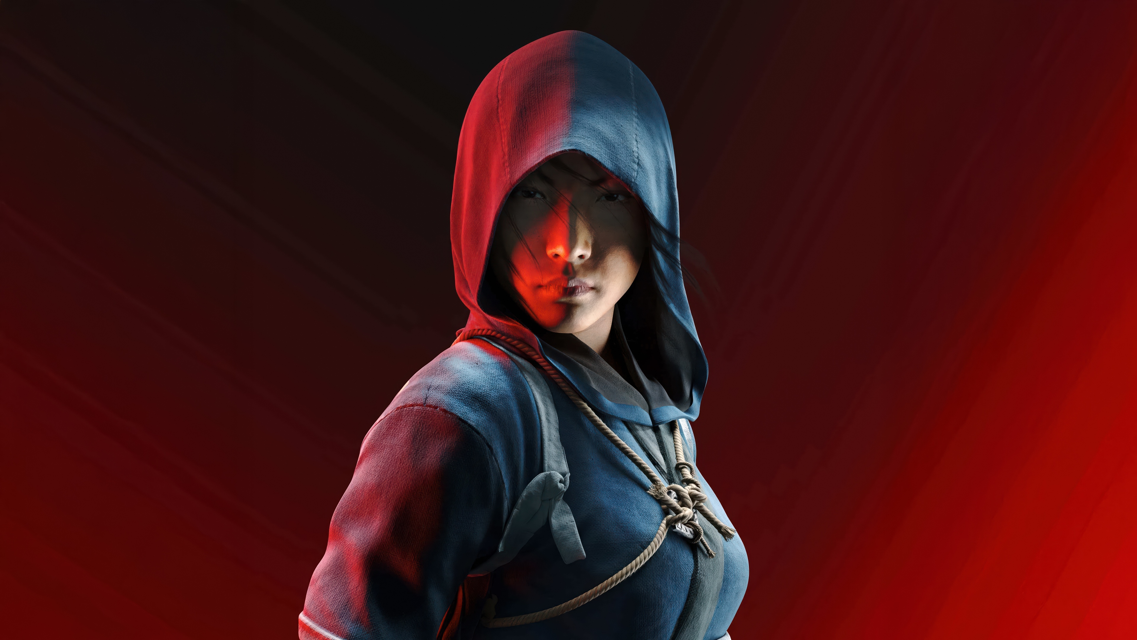 A detailed character portrait of Naoe from Assassin's Creed Shadows featuring a bold red backdrop.