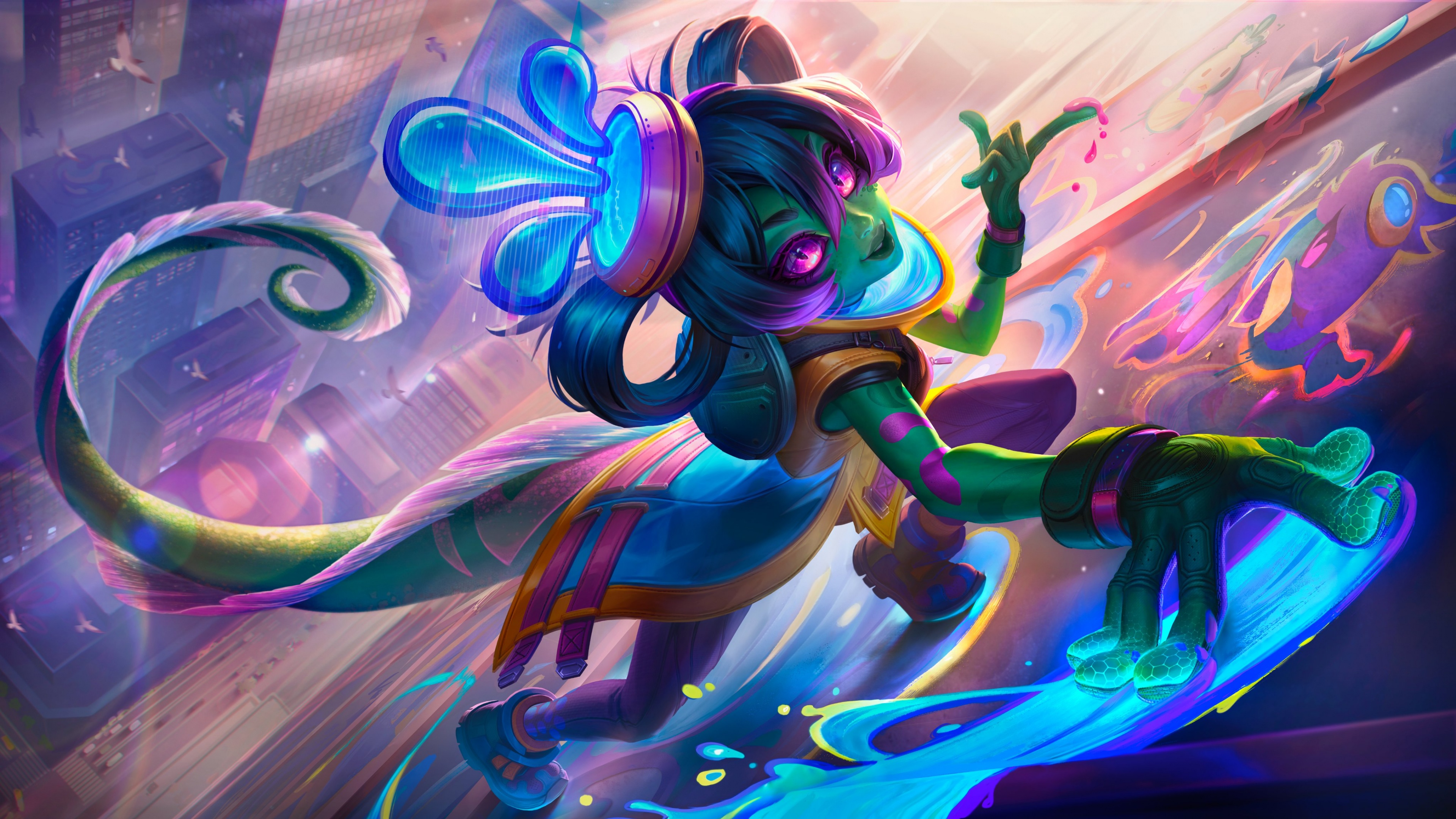 A colorful and detailed portrait of Neeko from League of Legends, showcasing her unique skin patterns and expressive eyes.