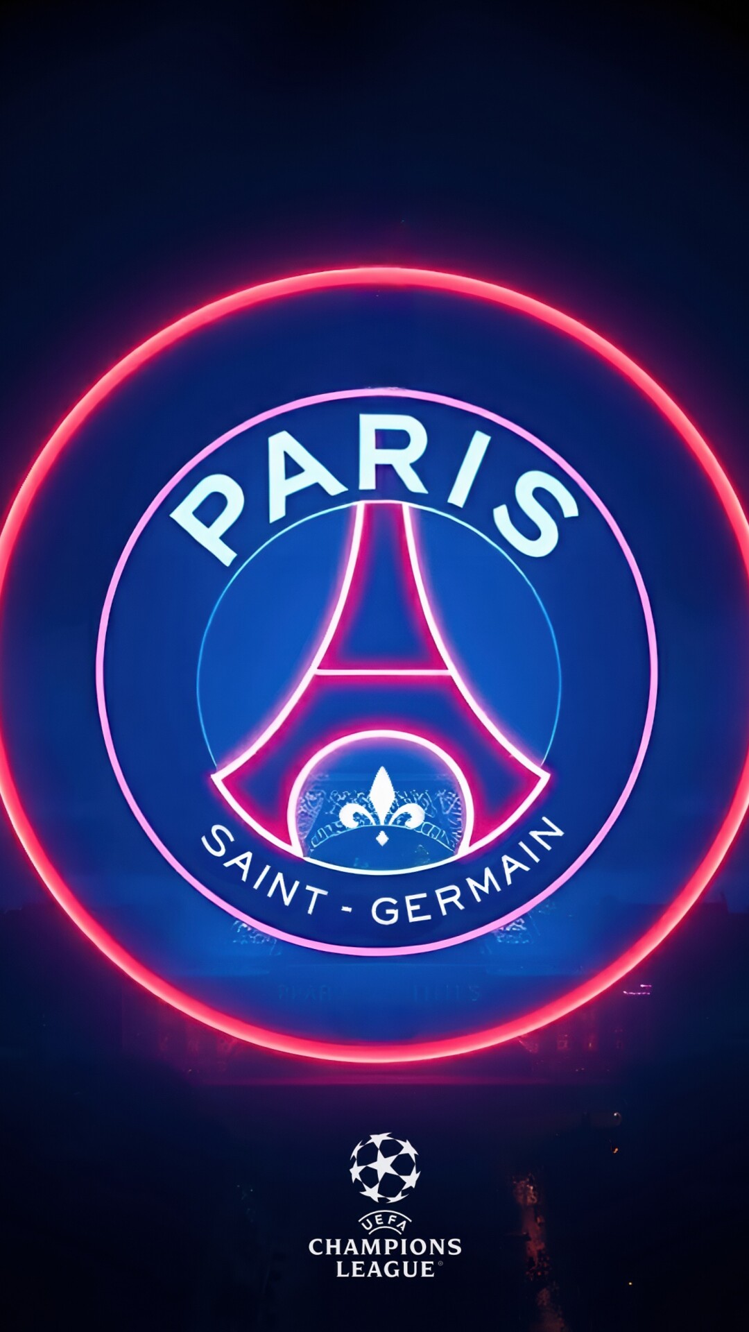 Neon Paris Saint-Germain football club logo with a dark, cinematic aesthetic and glowing blue and red edges.