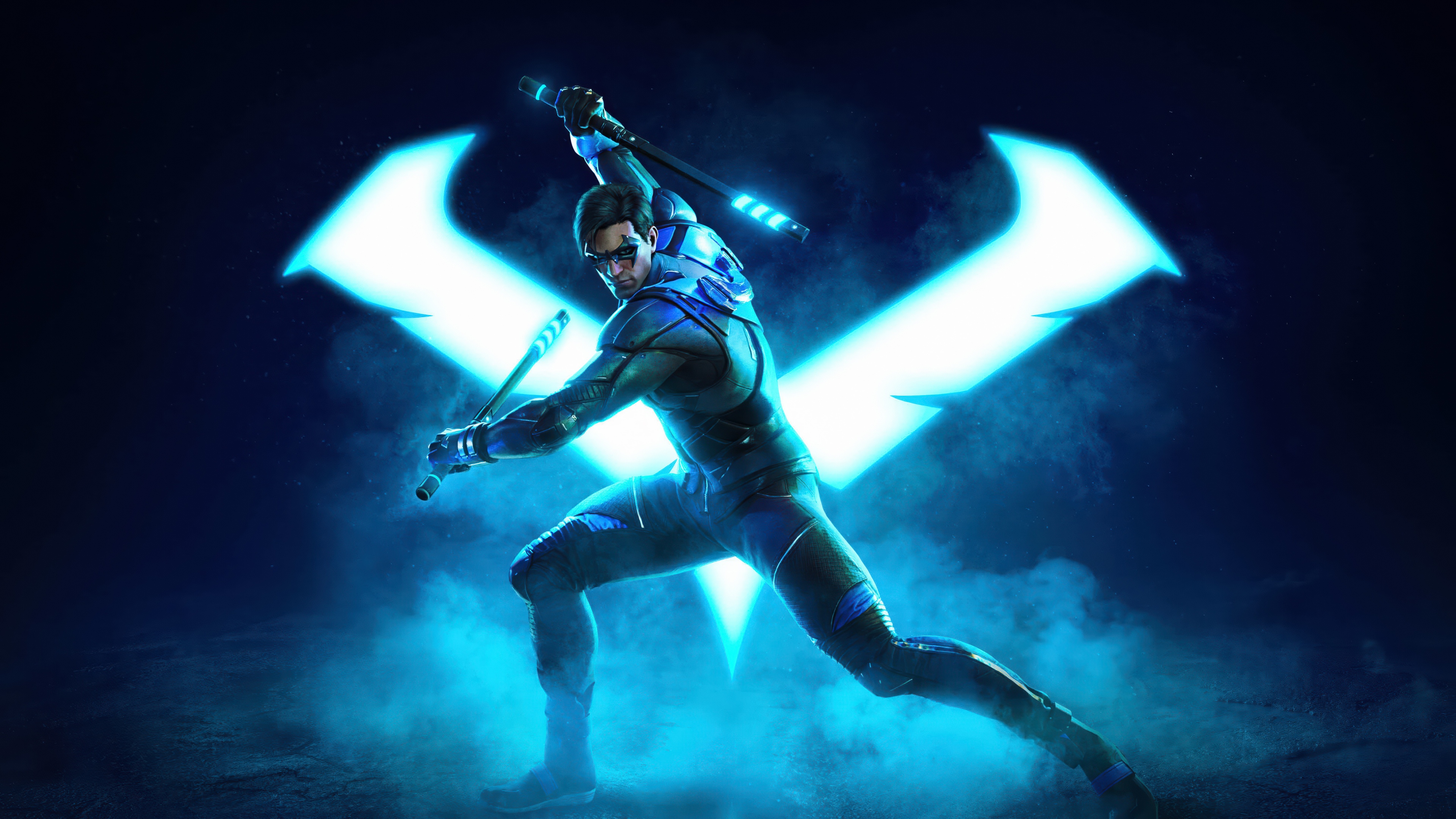Nightwing from DC Superheroes illuminated by neon blue light against a dark, atmospheric background.