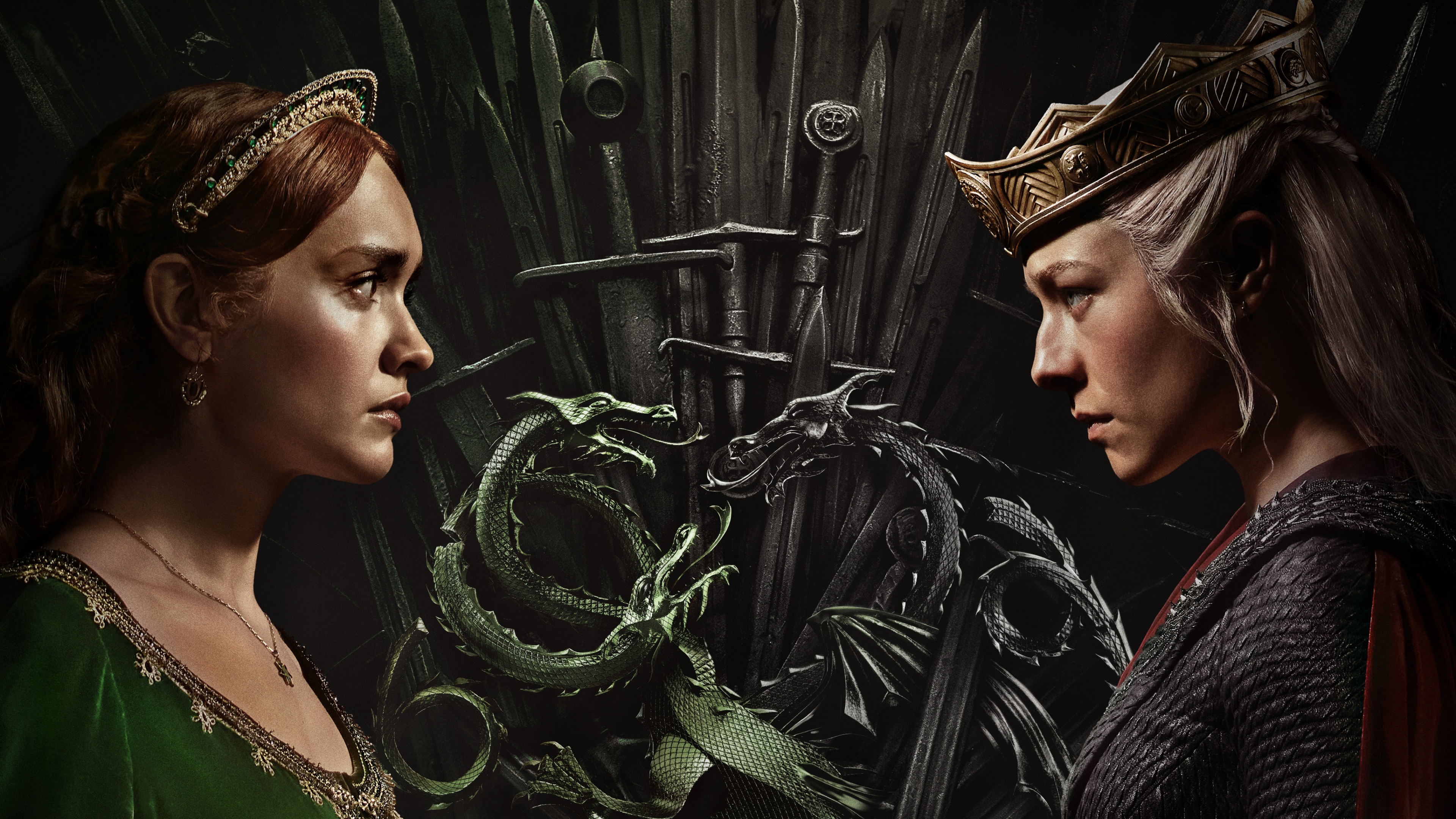 A dramatic portrait of Princess Rhaenyra Targaryen and Alicent Hightower from House of the Dragon