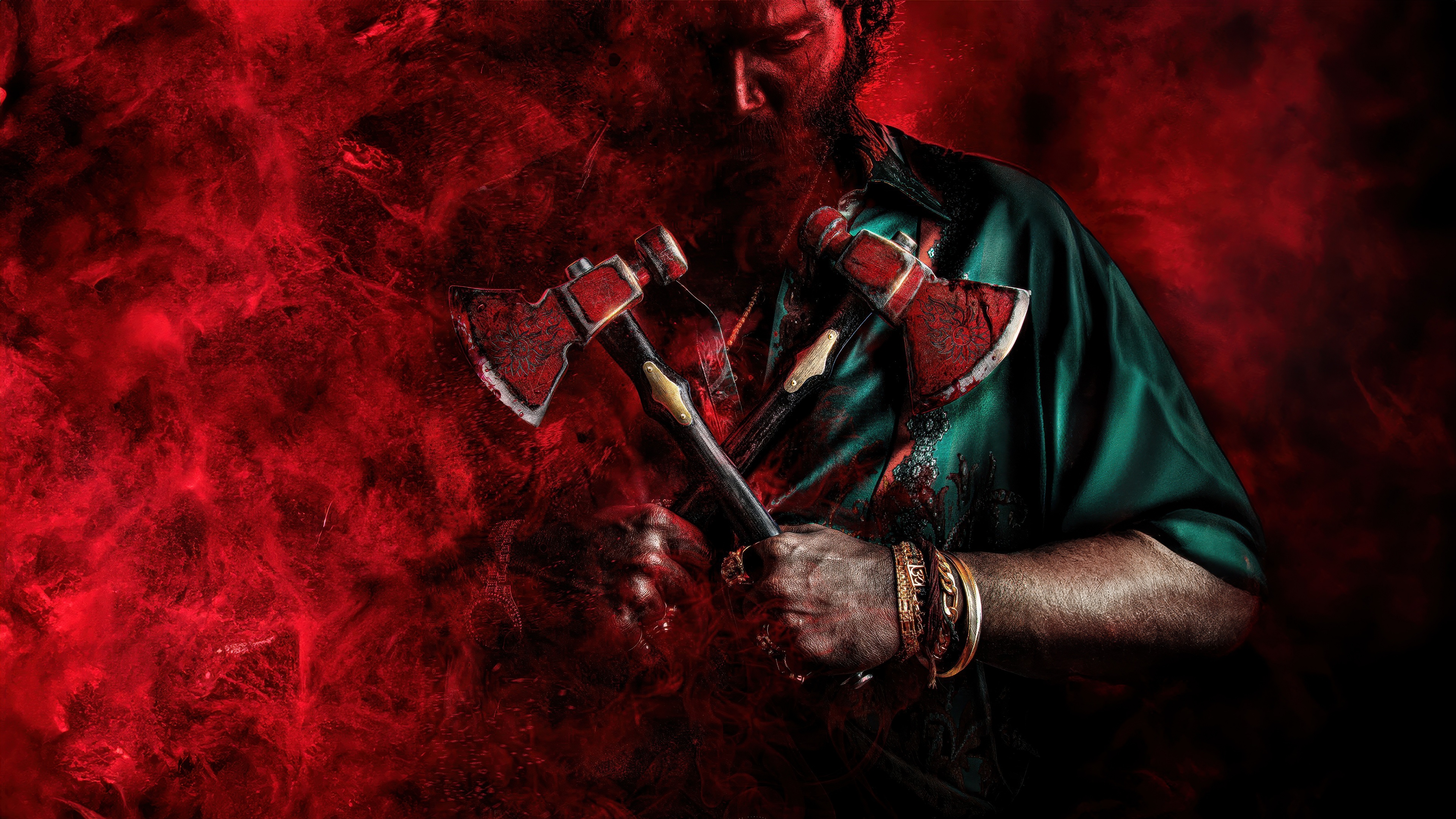 Intense cinematic portrait of Allu Arjun as Pushpa Raj from the movie Pushpa 2: The Rule against a vibrant red background.