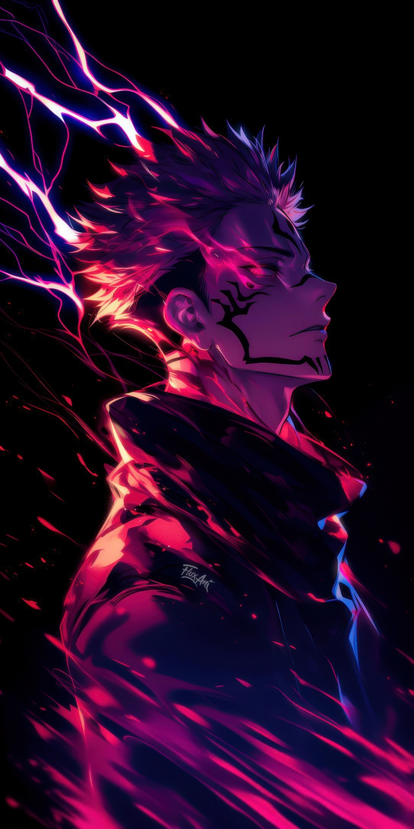 Ryomen Sukuna from Jujutsu Kaisen surrounded by neon pink electric sparks on a black background.