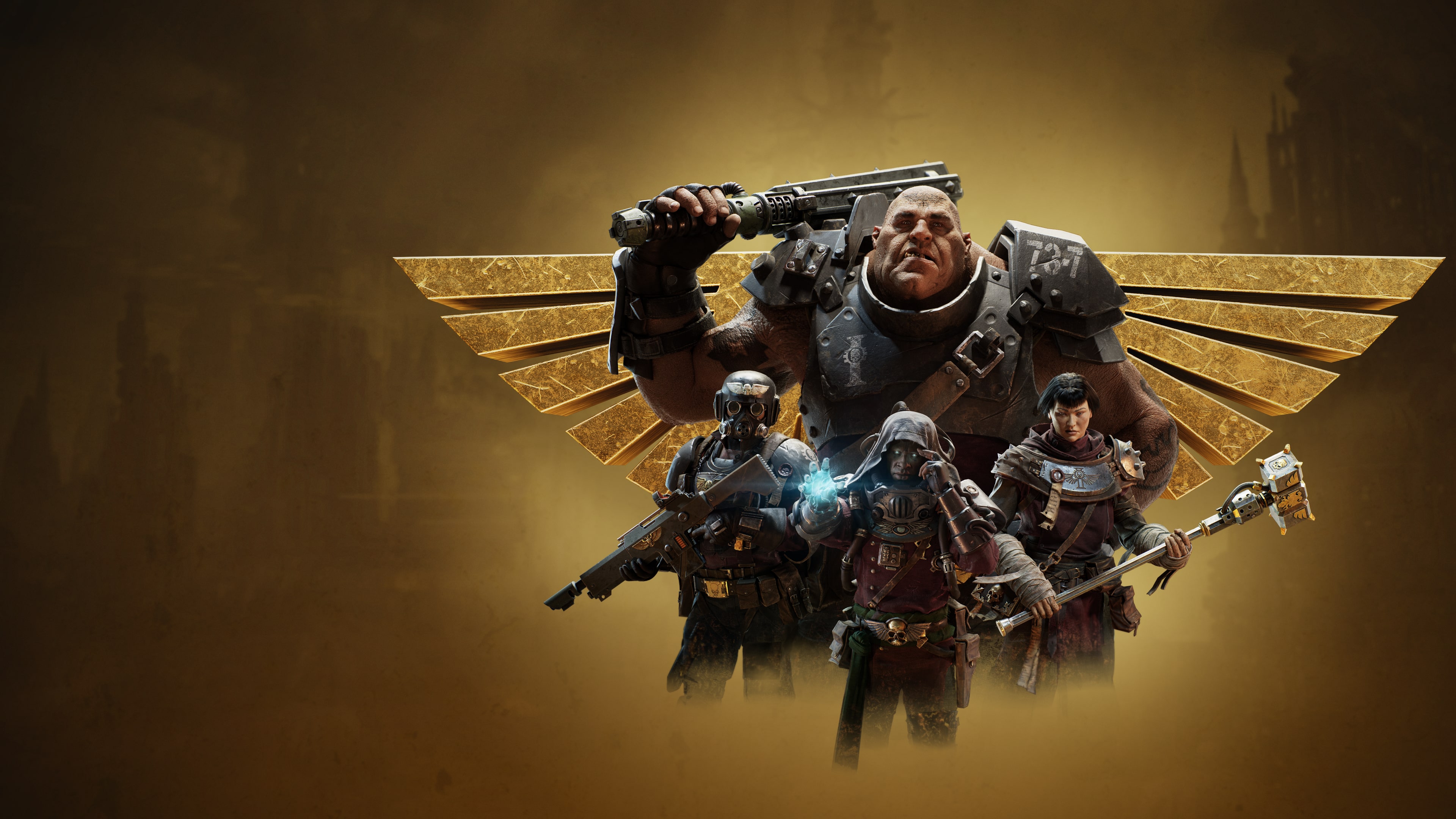 A battle-hardened soldier in heavy gothic power armor standing in a dark, war-torn science fiction landscape.