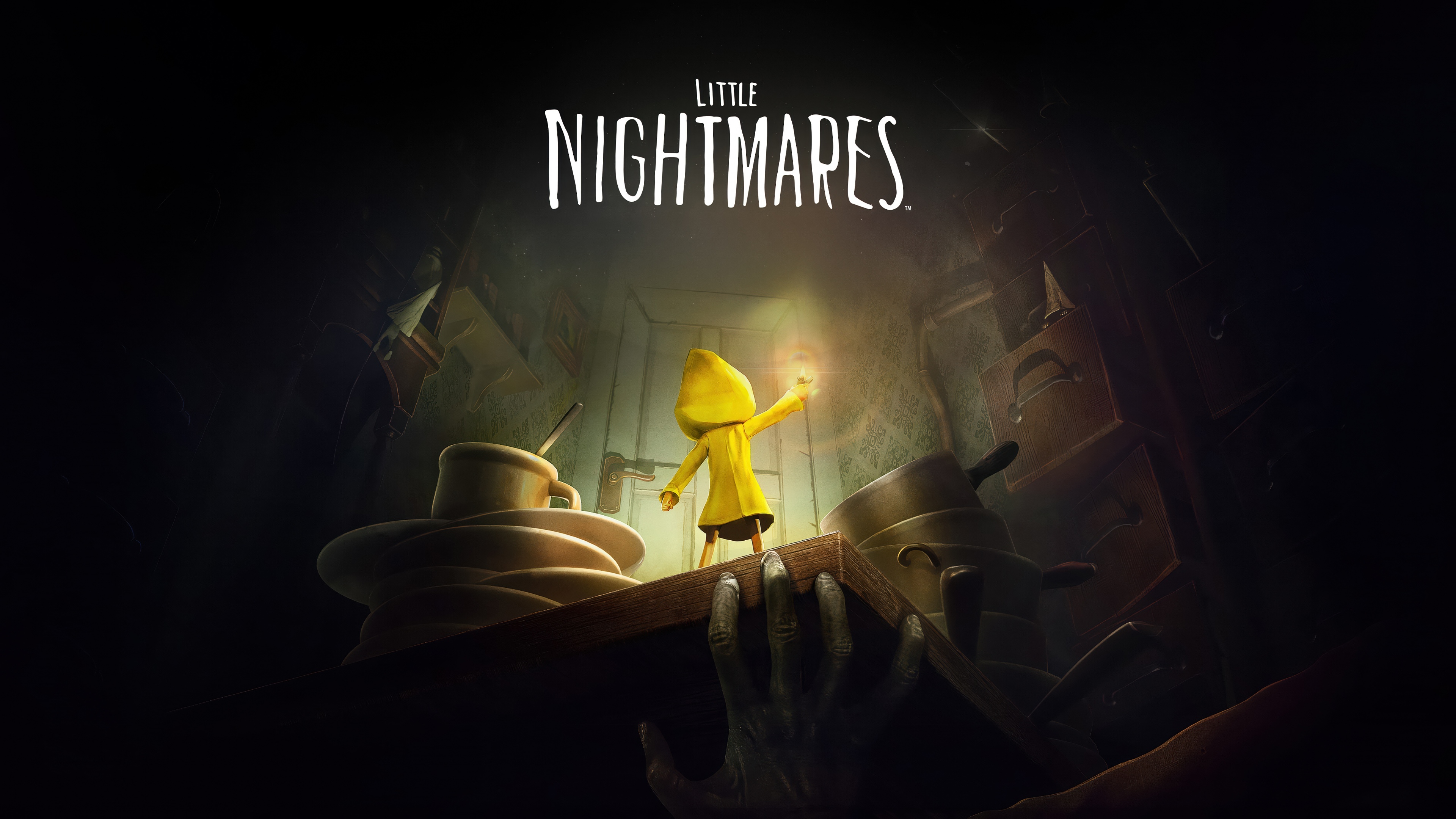 Six wearing her iconic yellow raincoat standing against a dark, spooky background in the style of the video game Little Nightmares.