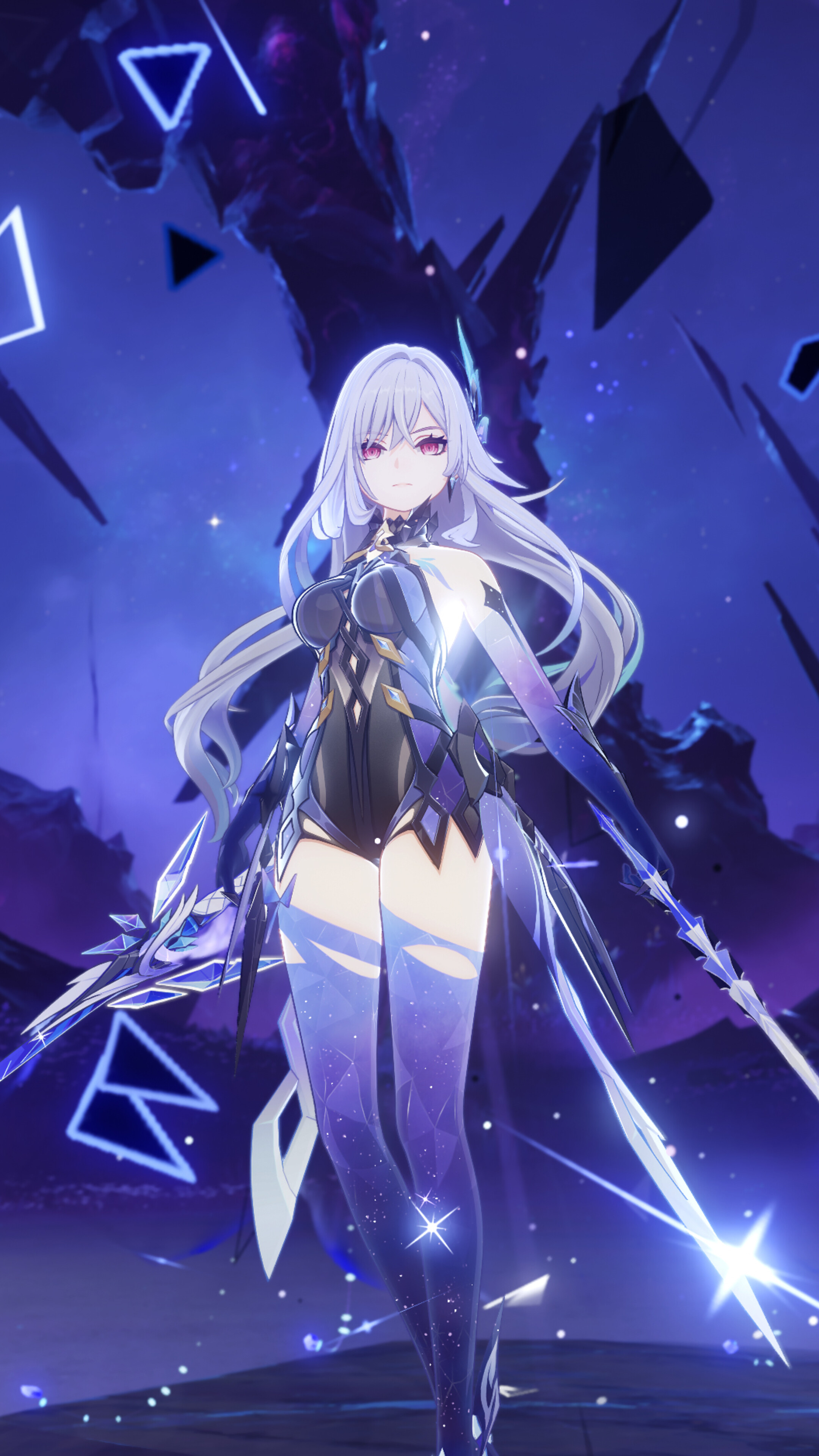 Skirk from Genshin Impact featured in a purple aesthetic anime style