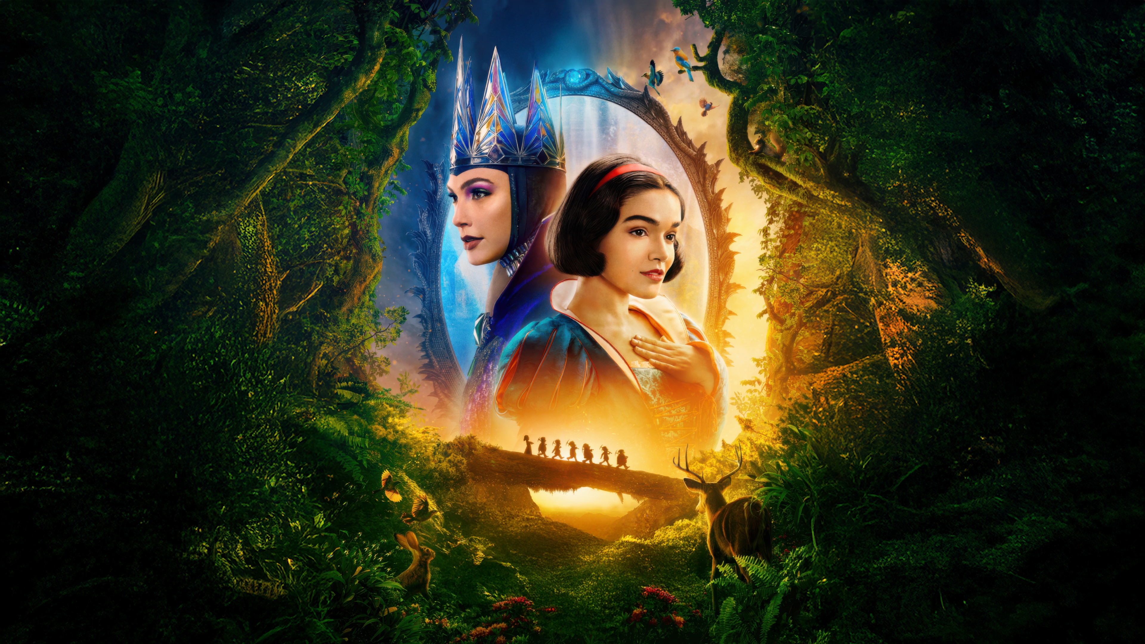 A cinematic poster for Disney's Snow White featuring an enchanting and magical atmosphere inspired by the 2025 film.