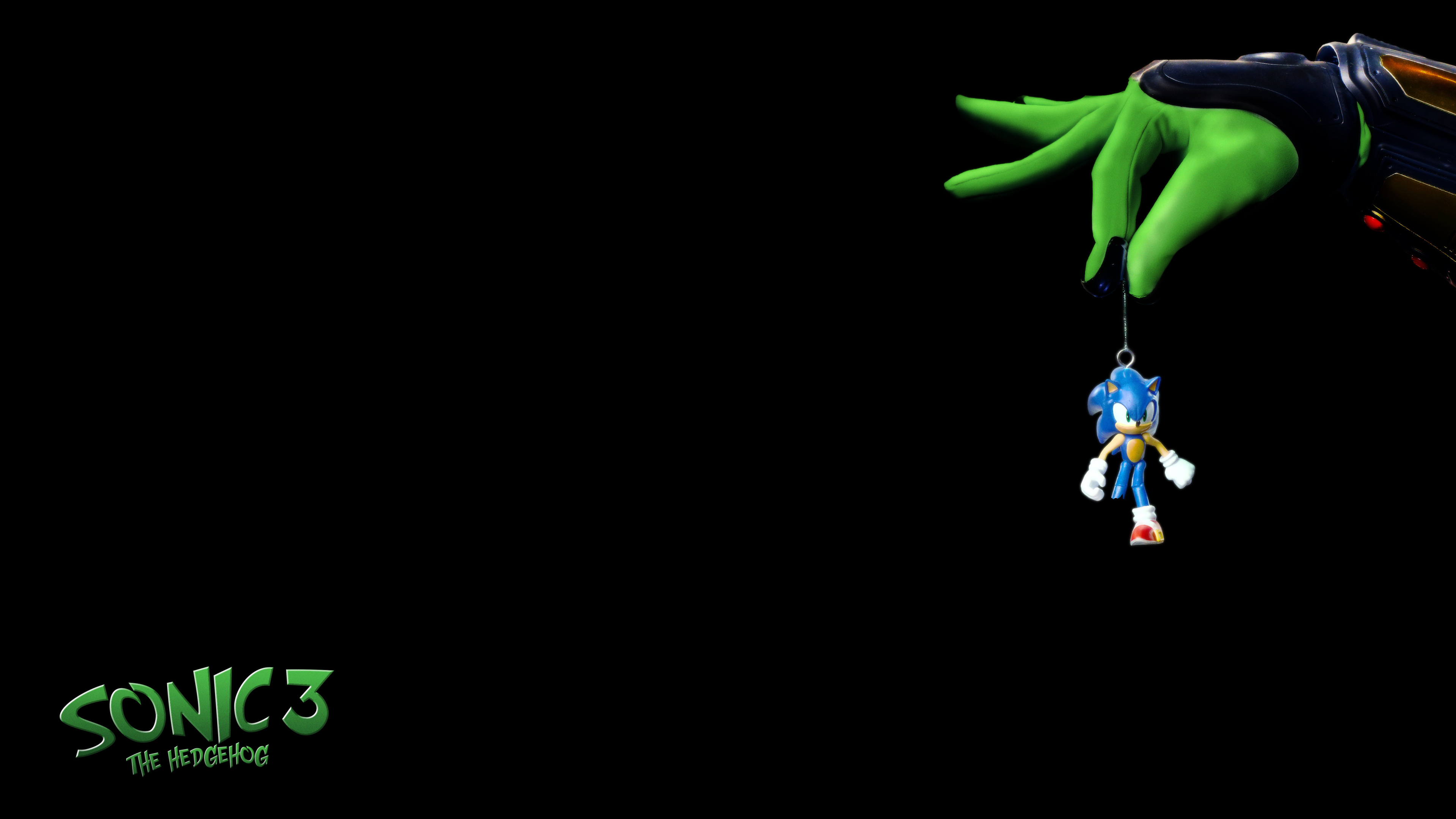 A cinematic, high-resolution portrait of Sonic the Hedgehog from the Sonic the Hedgehog 3 movie against a solid black background.