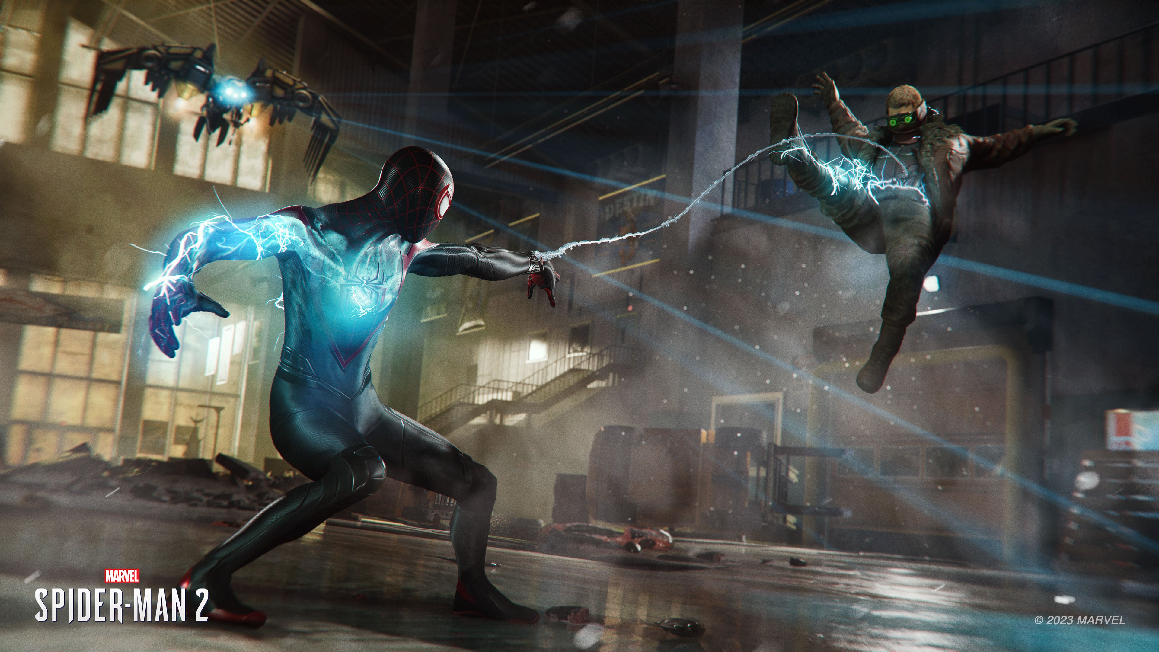 Spider-Man swinging through the city during gameplay in Marvel's Spider-Man 2 on PlayStation 5.