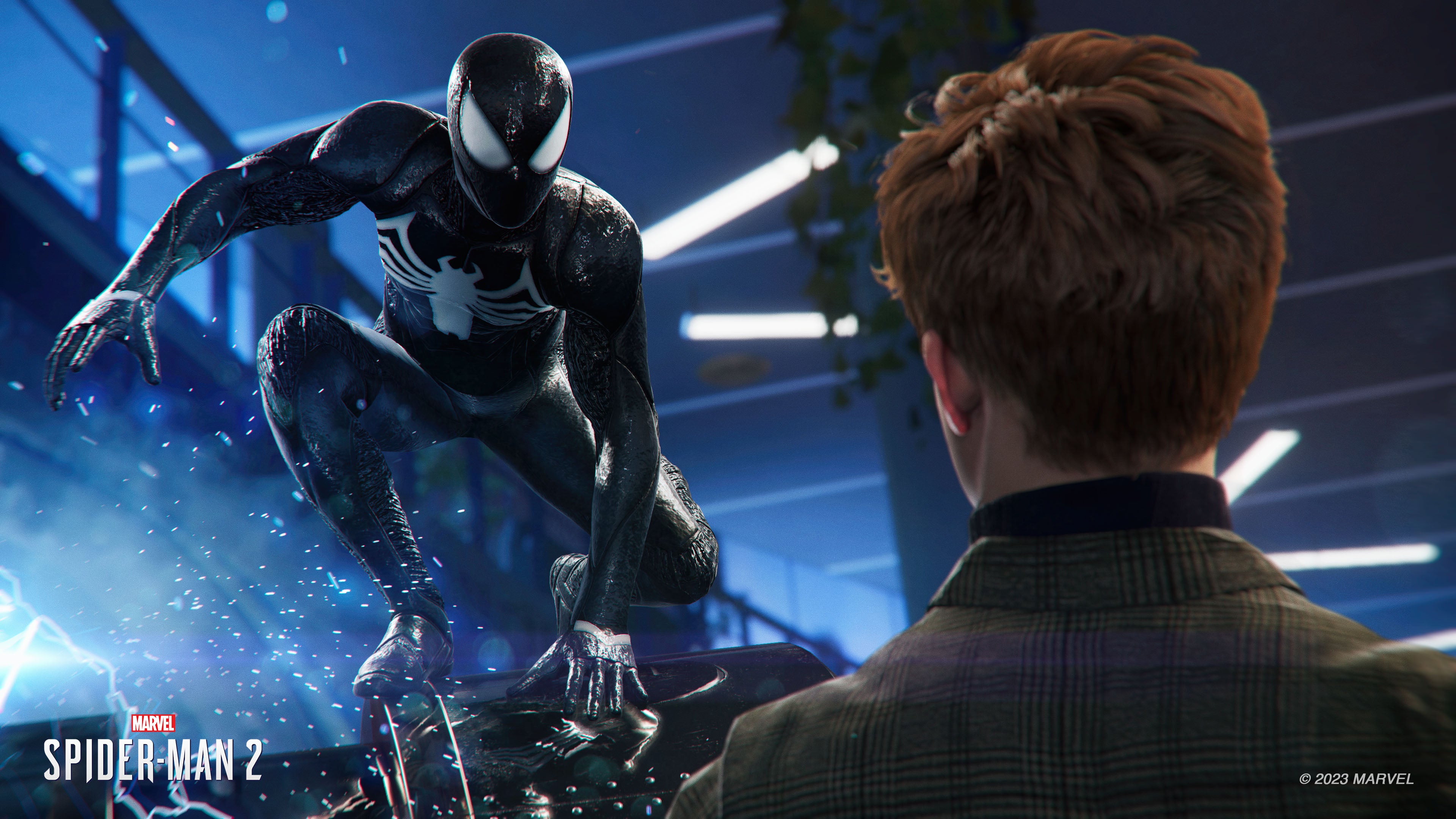 Spider-Man wearing the black Symbiote suit from Marvel's Spider-Man 2.