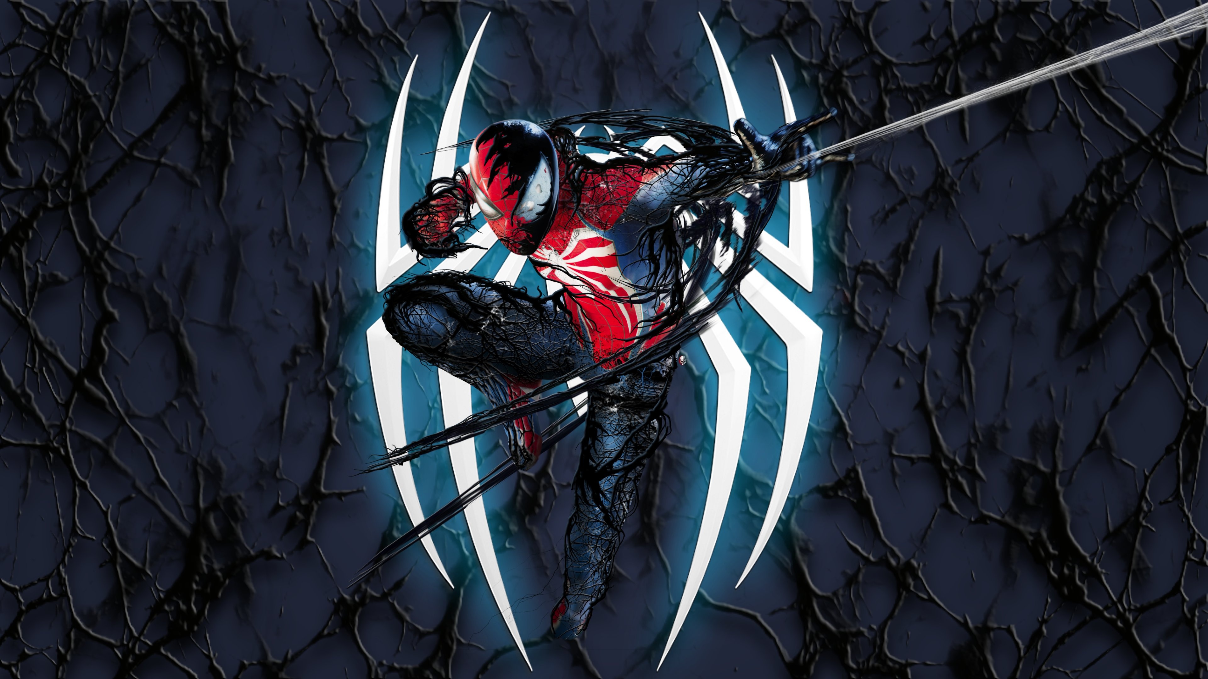 Spider-Man wearing the black Symbiote suit from Marvel's Spider-Man 2.