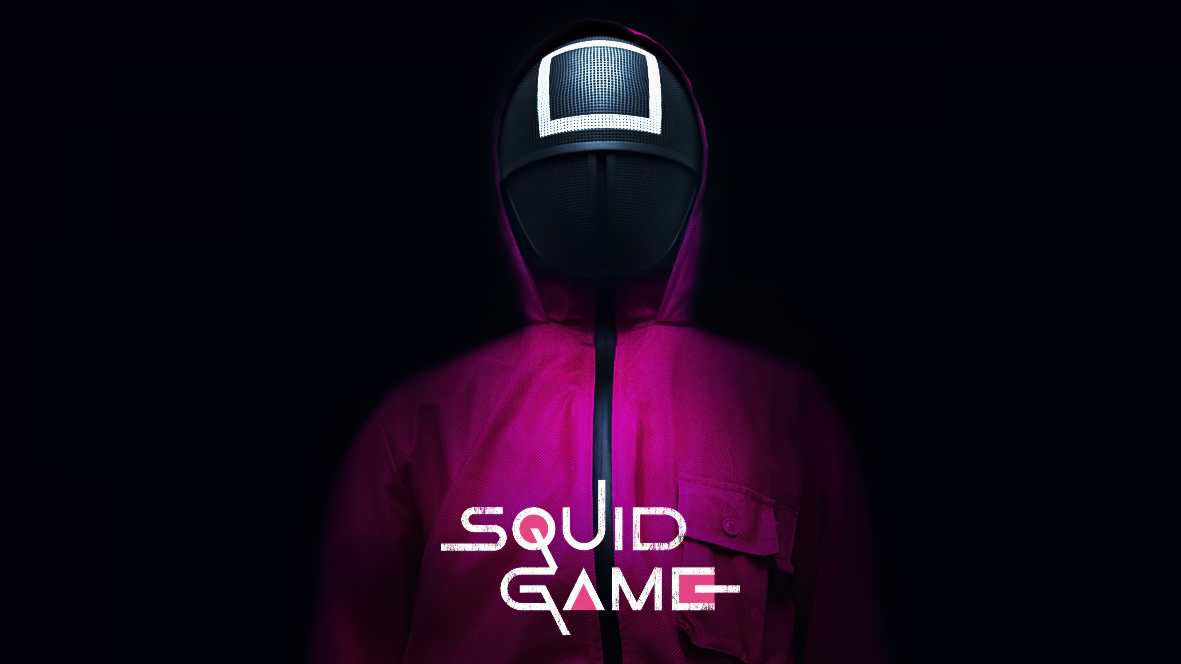 Pink-clad guards wearing black masks with white geometric shapes from the Netflix series Squid Game, set against a dark black background.