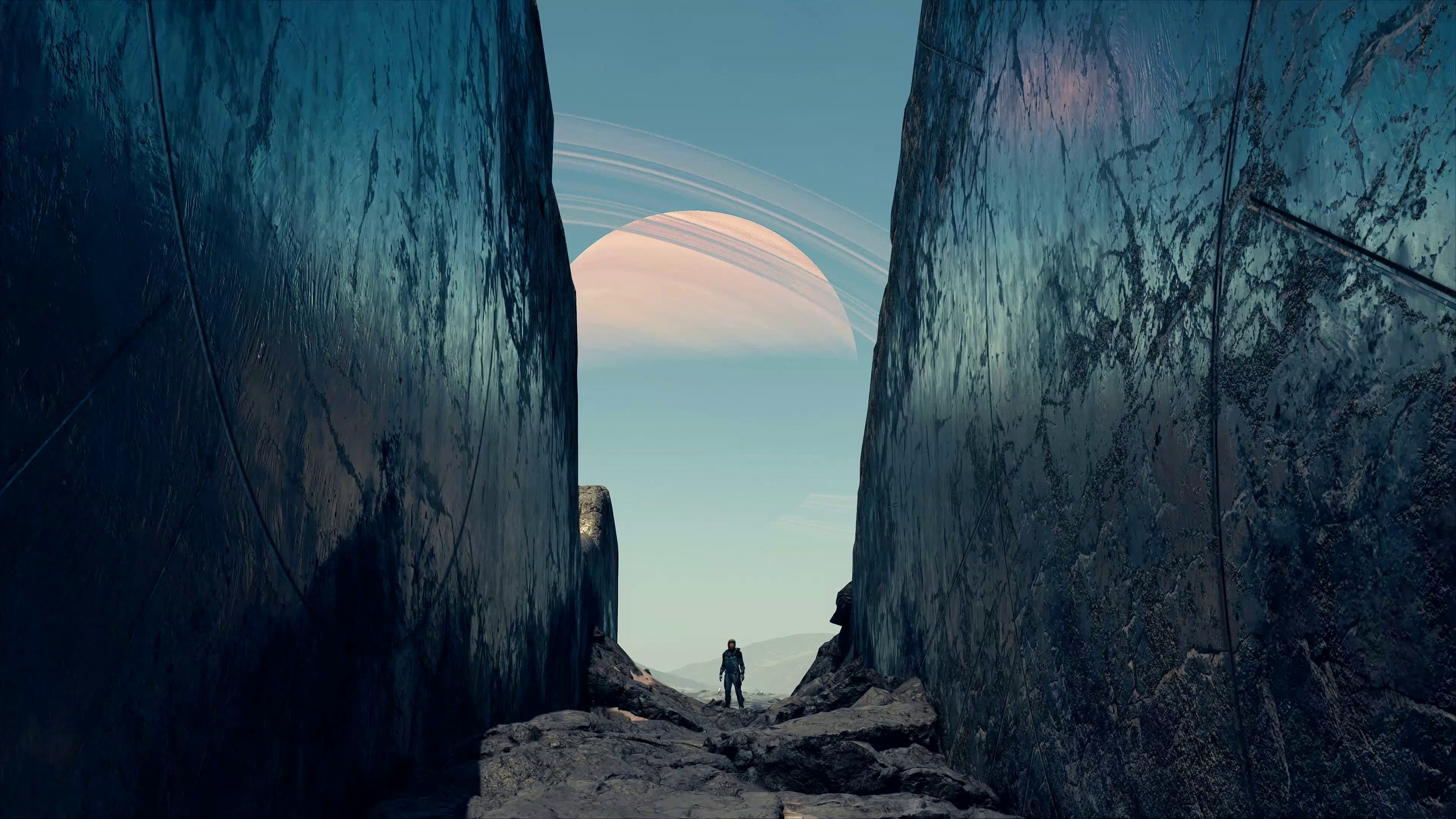 A highly detailed astronaut in a white and metallic spacesuit from the video game Starfield, standing against a backdrop of cosmic elements.