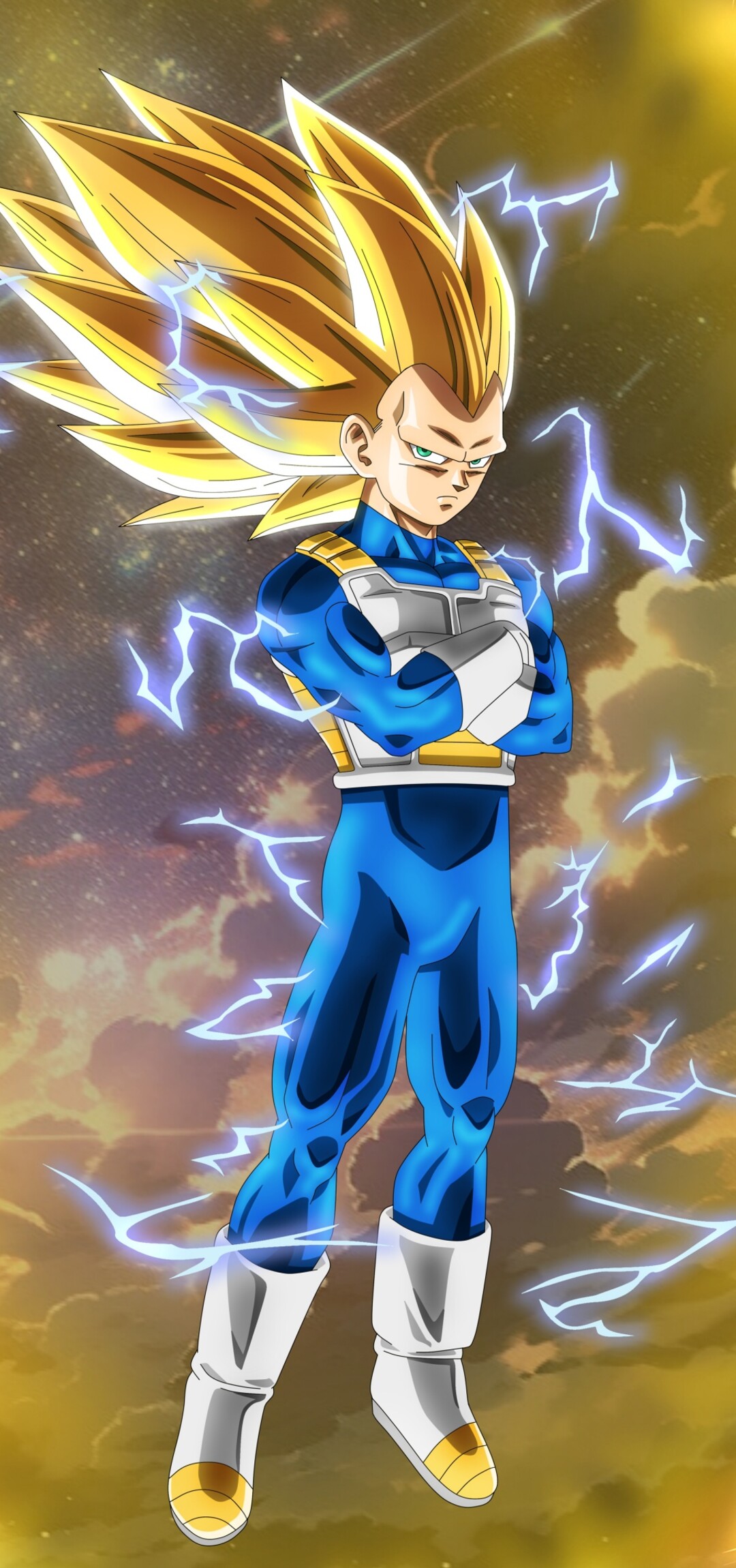 Super Saiyan Vegeta from Dragon Ball with glowing golden hair and intense aura