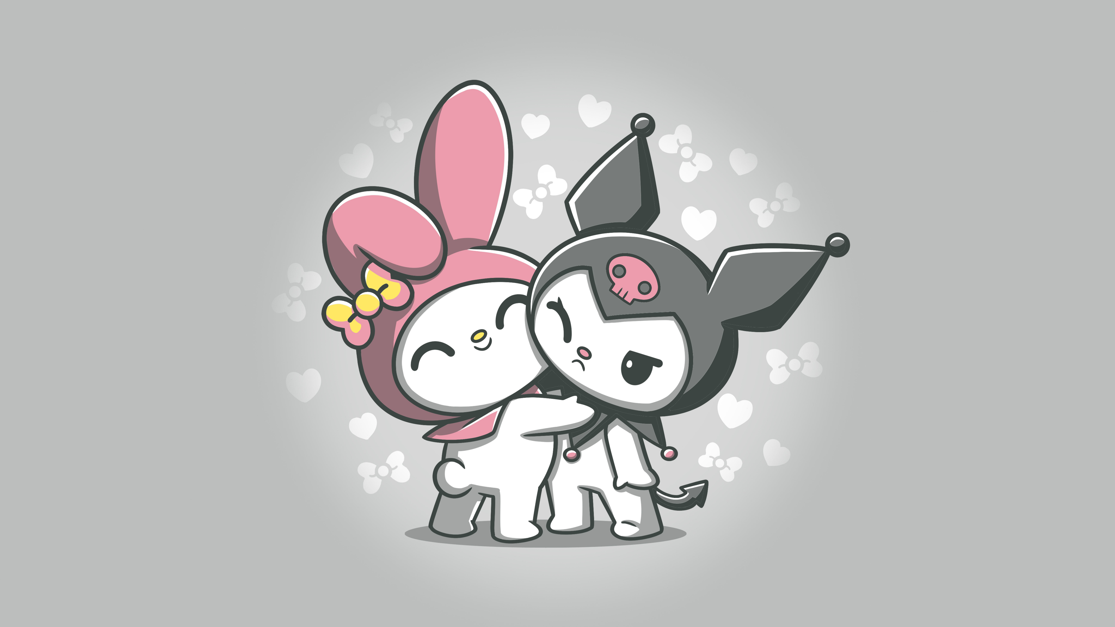 Kawaii cartoon of Sanrio characters My Melody and Kuromi hugging on a grey background.