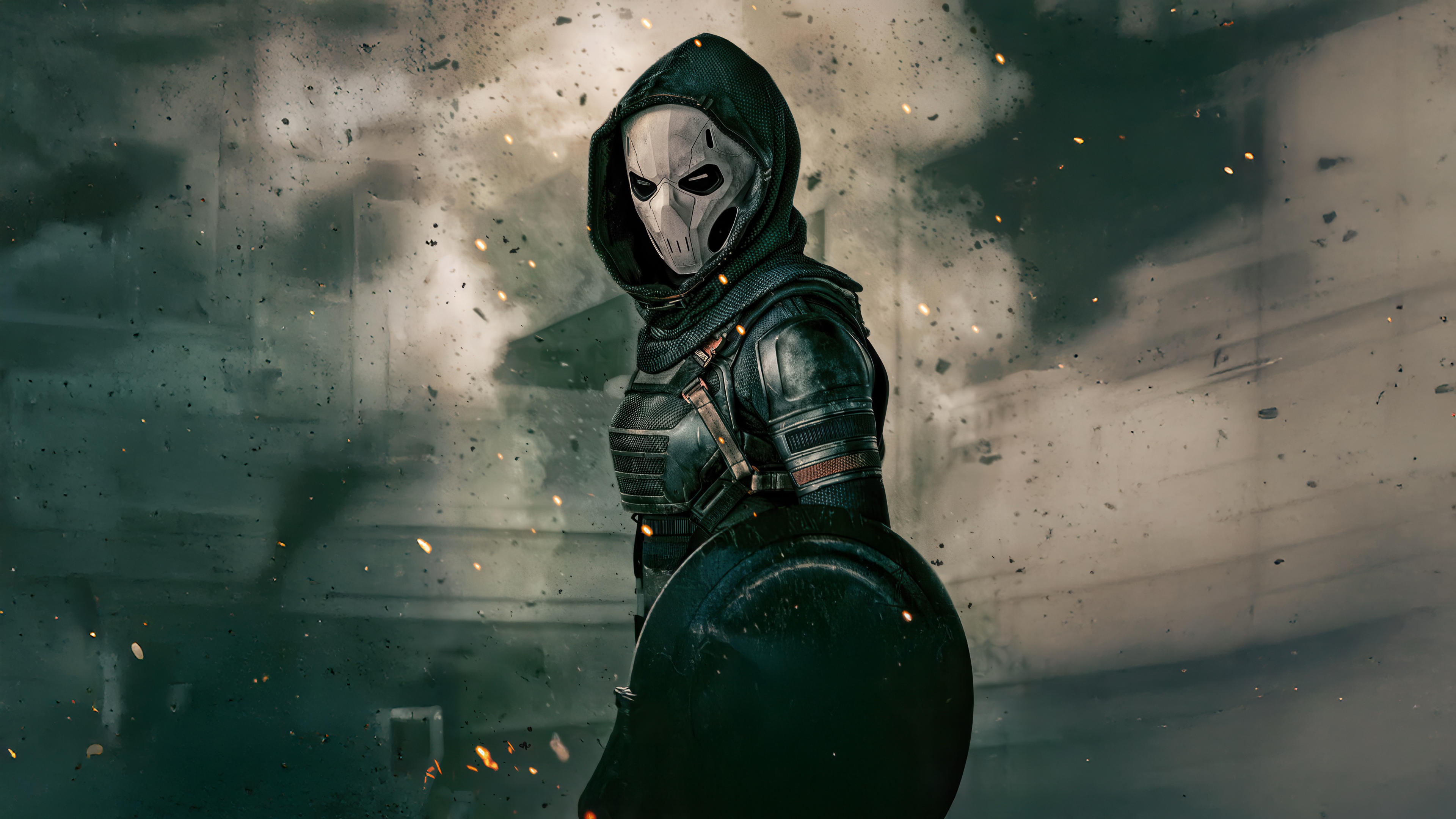 Cinematic close-up of Taskmaster wearing tactical armor and a skull-like mask from the Marvel movie Thunderbolts.