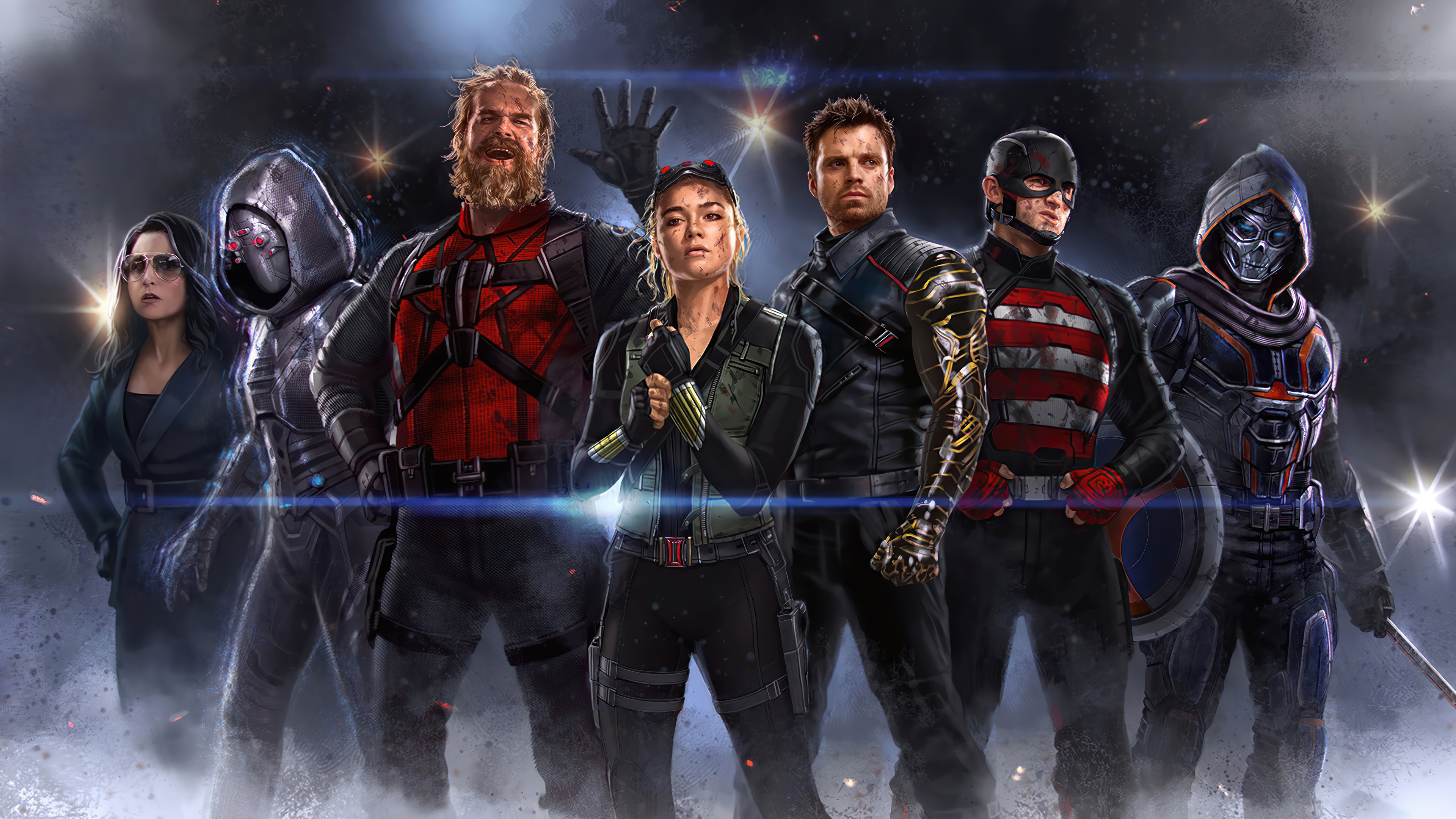 A group of Marvel Cinematic Universe characters including Bucky Barnes, Red Guardian, and U.S. Agent from the movie Thunderbolts.