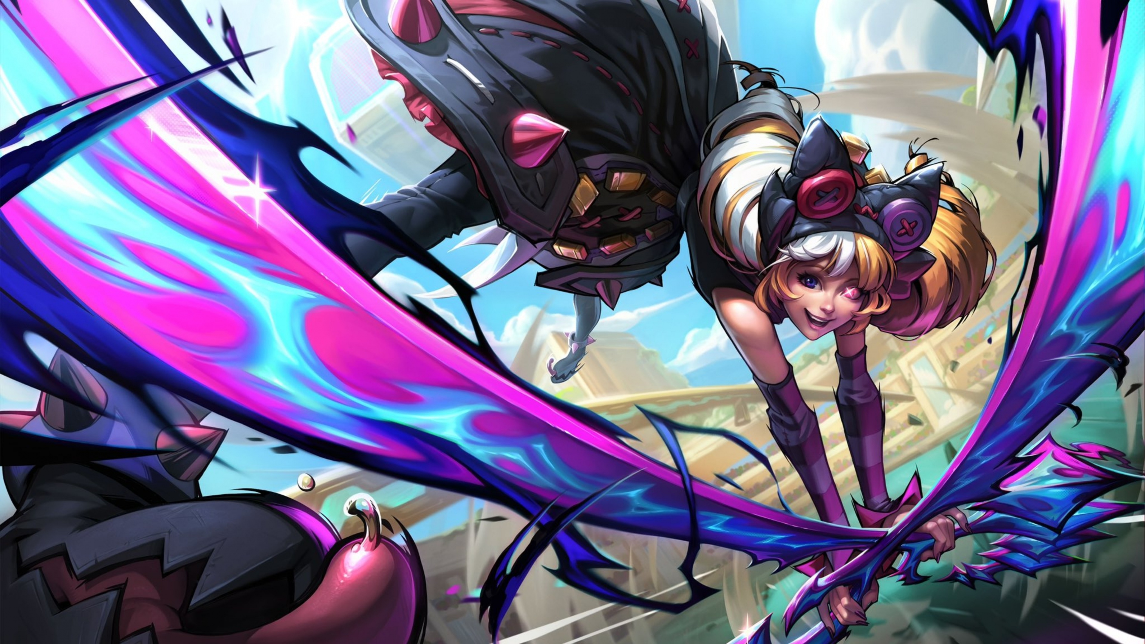 A powerful warrior surrounded by swirling, glowing blue and purple magical souls in an intense battle scene.