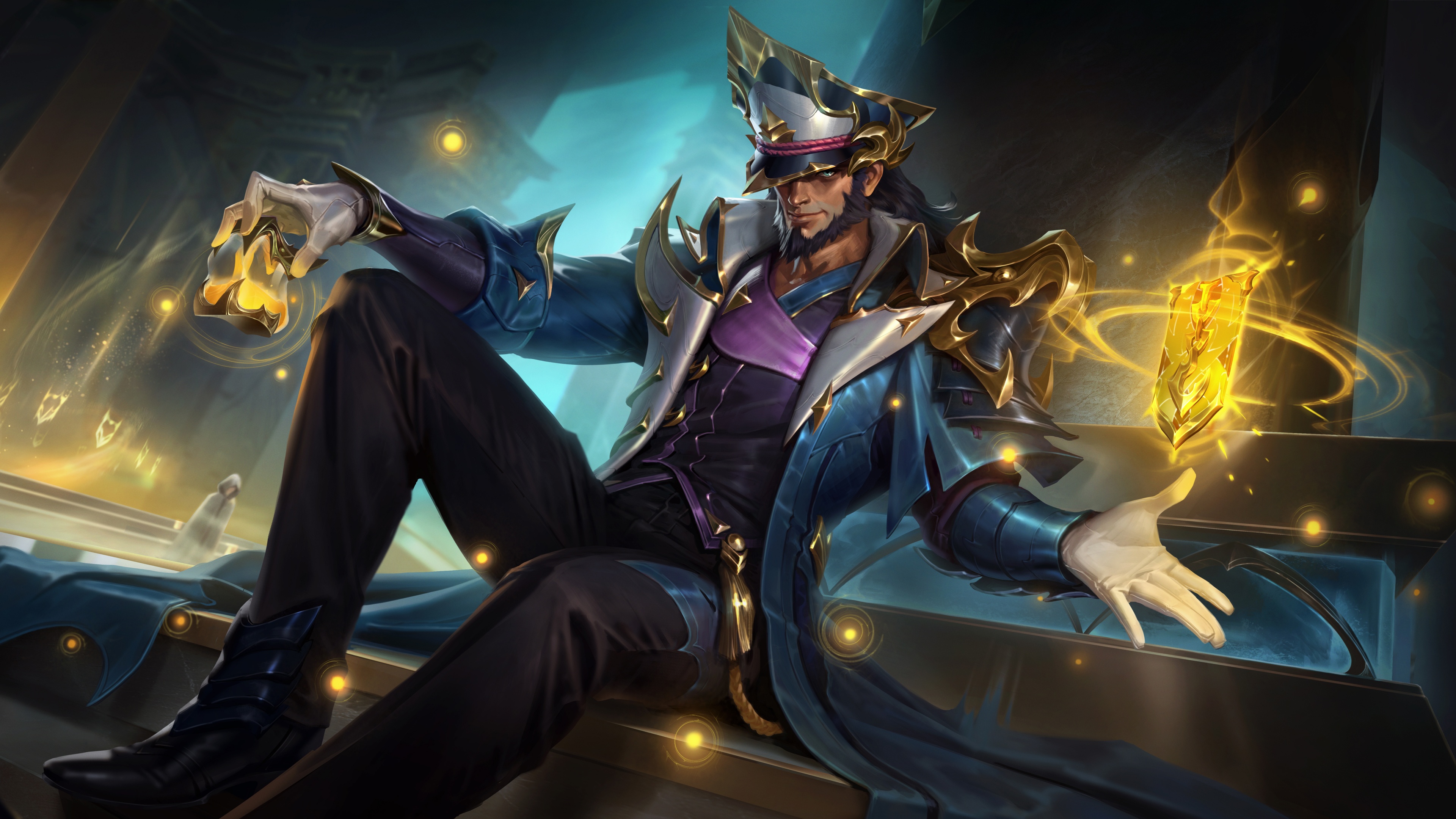 A cinematic, high-resolution portrait of Twisted Fate from League of Legends, featuring his signature hat and playing cards.