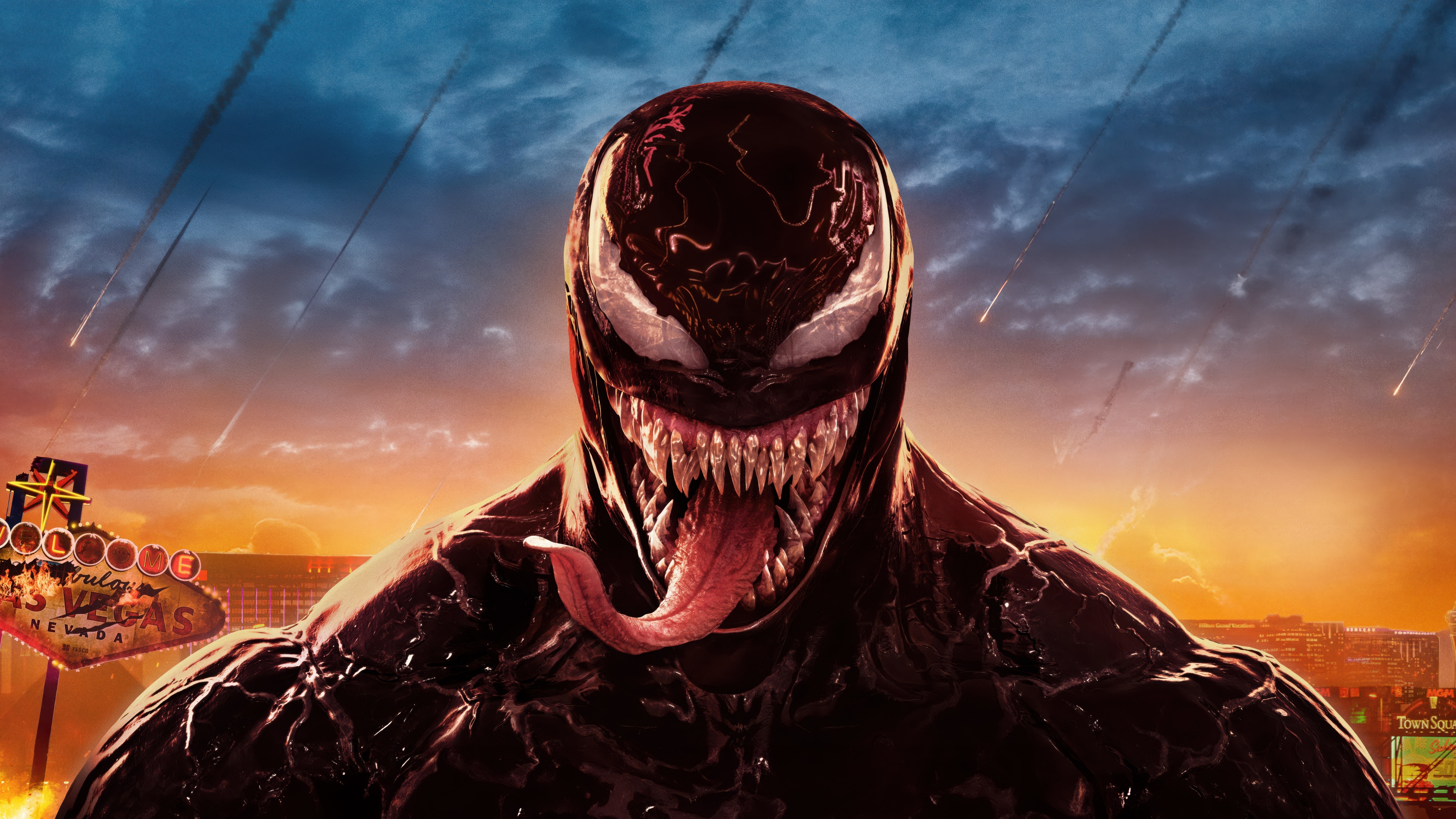 A high-resolution, cinematic close-up of Venom from Marvel Comics showing his symbiotic texture and menacing features.