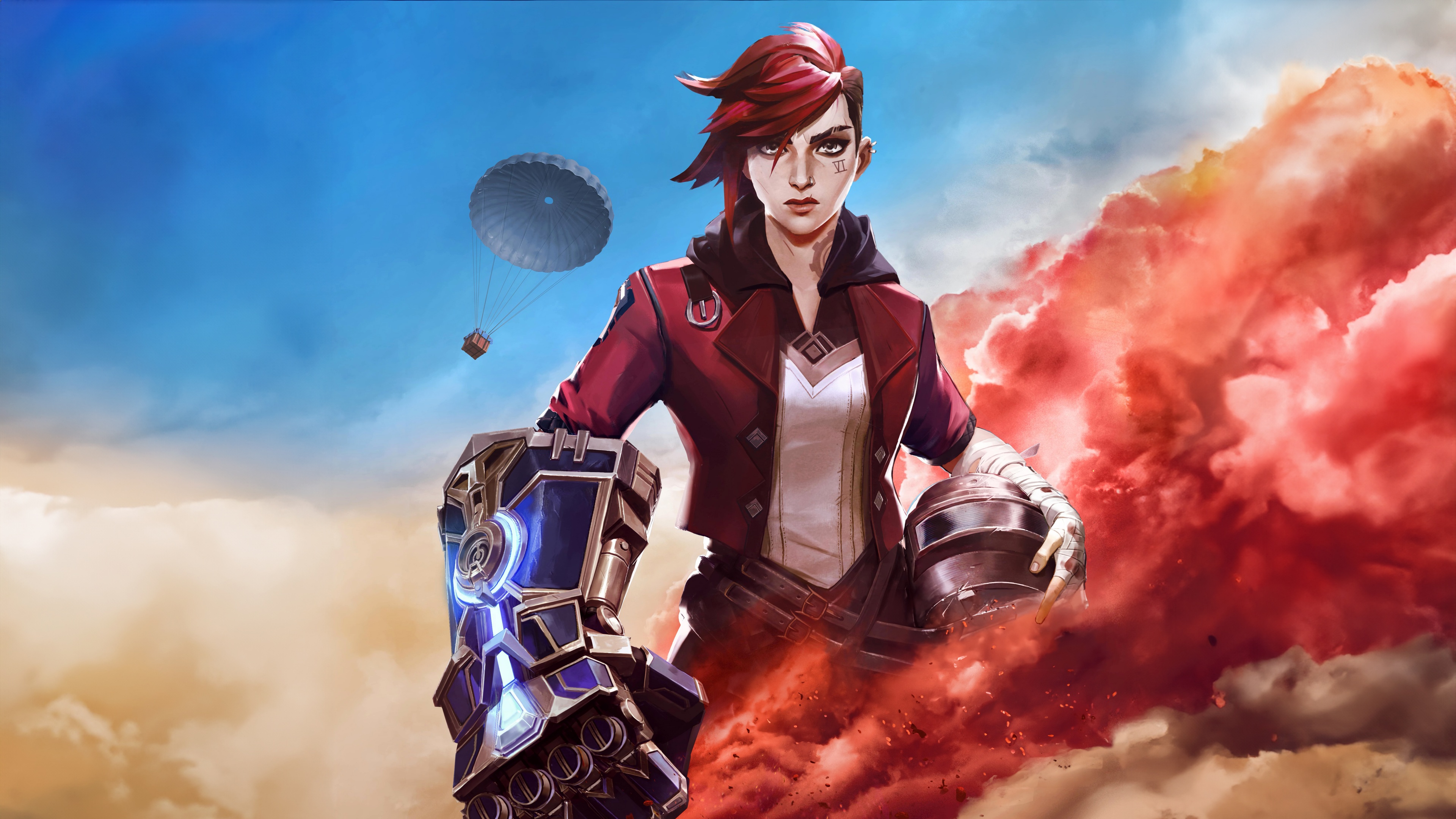 Vi from Arcane: League of Legends wearing a PUBG Mobile tactical helmet.