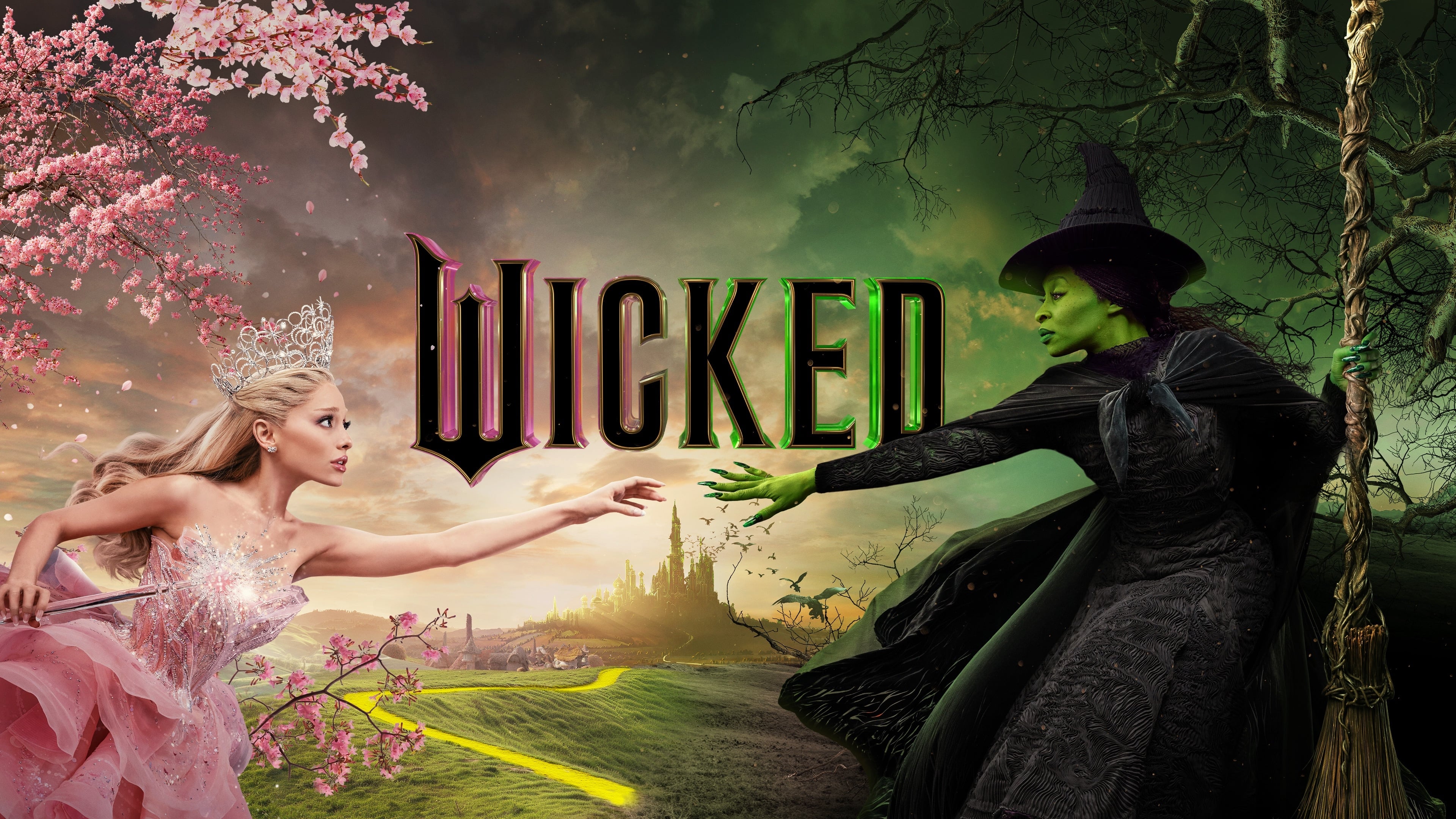 Cinematic movie poster for the film Wicked featuring characters Elphaba Thropp and Glinda.