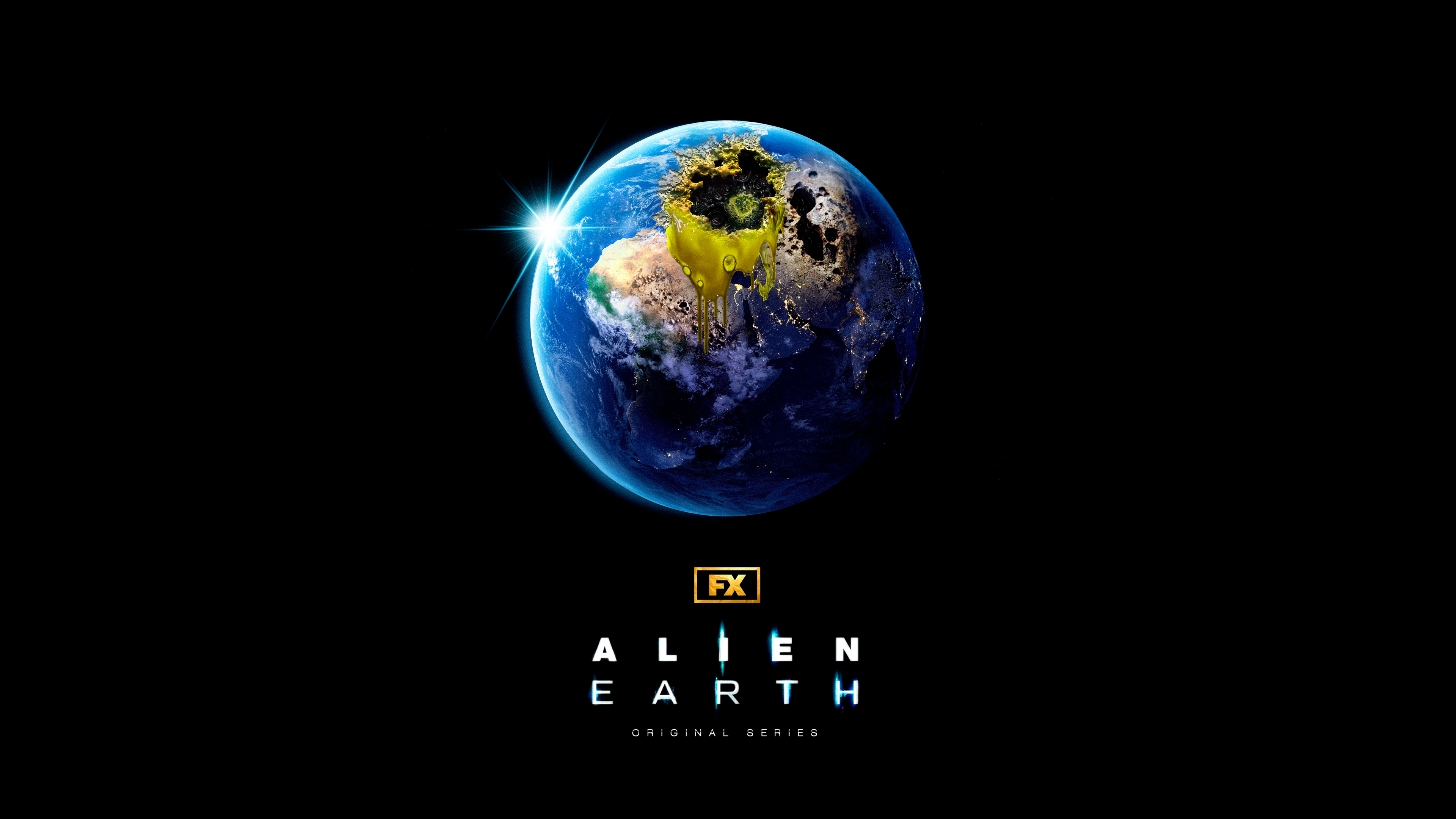 A menacing Xenomorph creature from the Alien: Earth series silhouetted against a black background on an alien world.