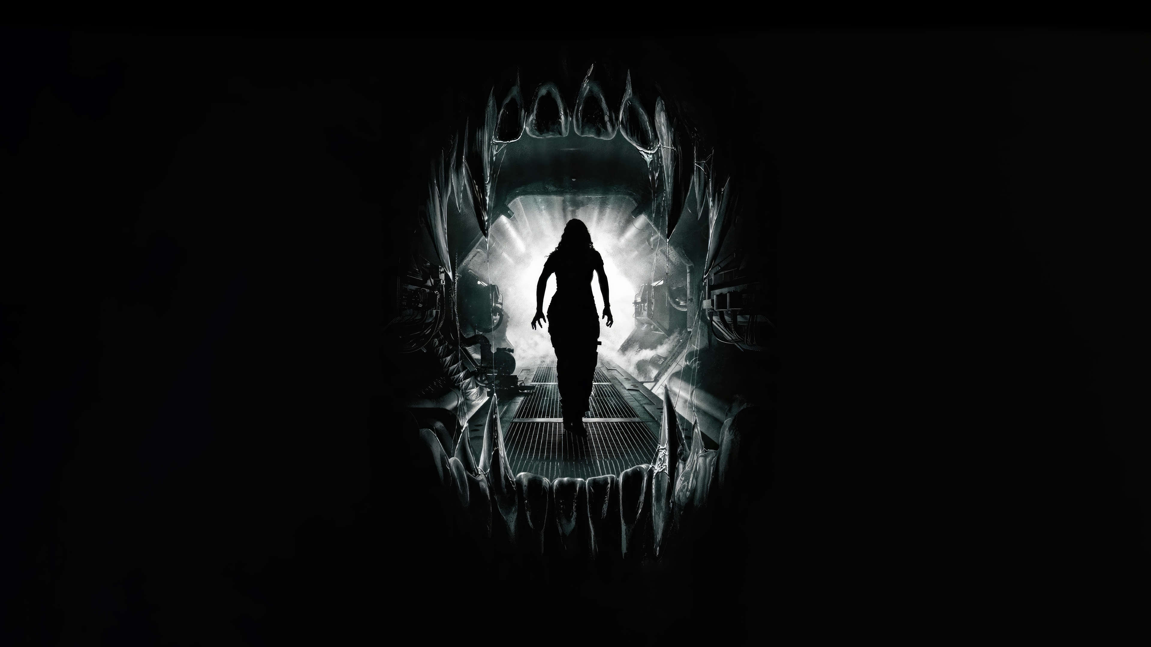 A terrifying Xenomorph creature from the movie Alien: Romulus visible against a dark, moody background.