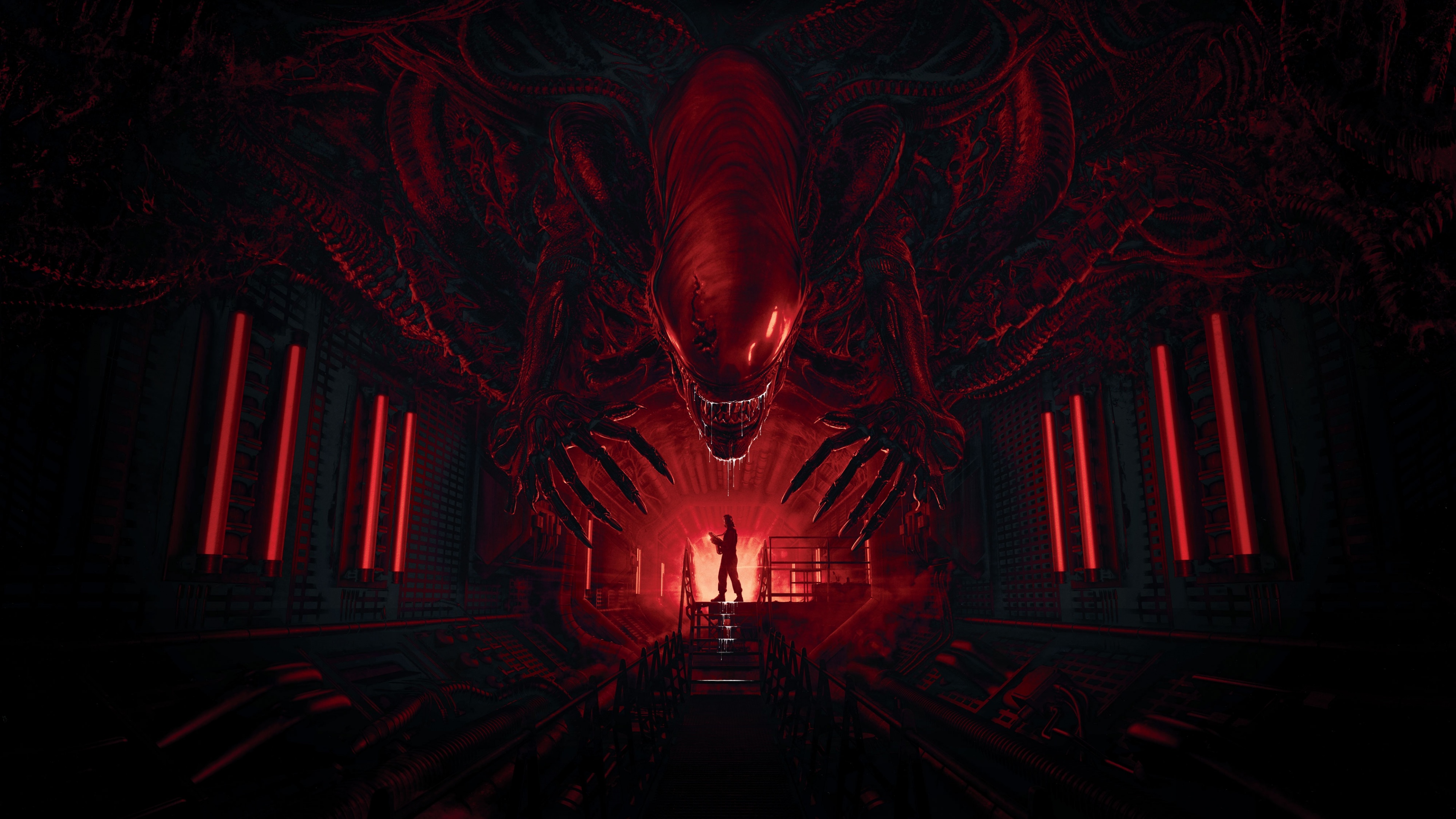 A menacing close-up of the Xenomorph from Alien: Romulus, illuminated by dark red cinematic lighting in a horror-themed setting.