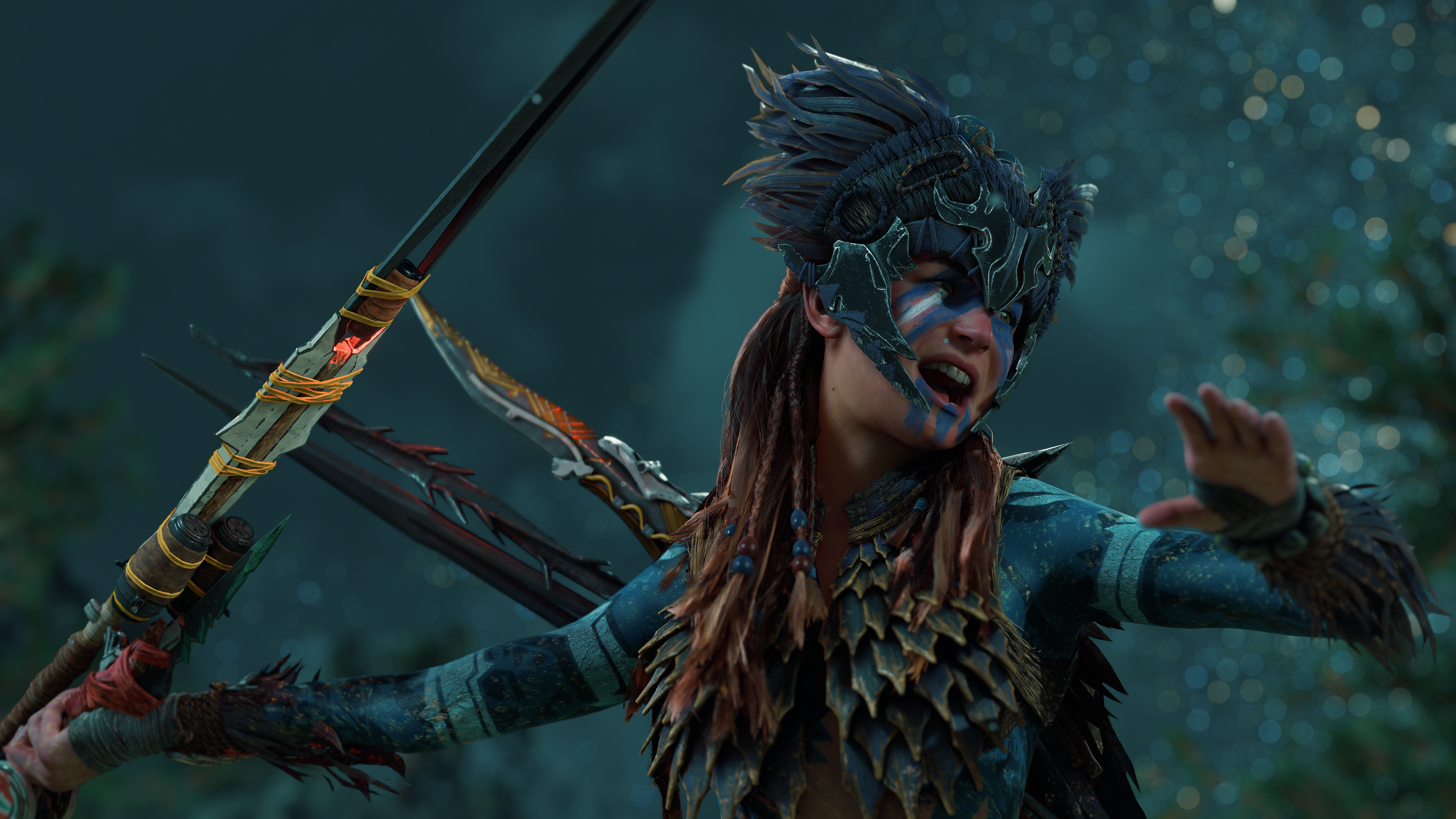 A close-up portrait of Aloy from Horizon Forbidden West featuring her signature red hair and detailed tribal attire.